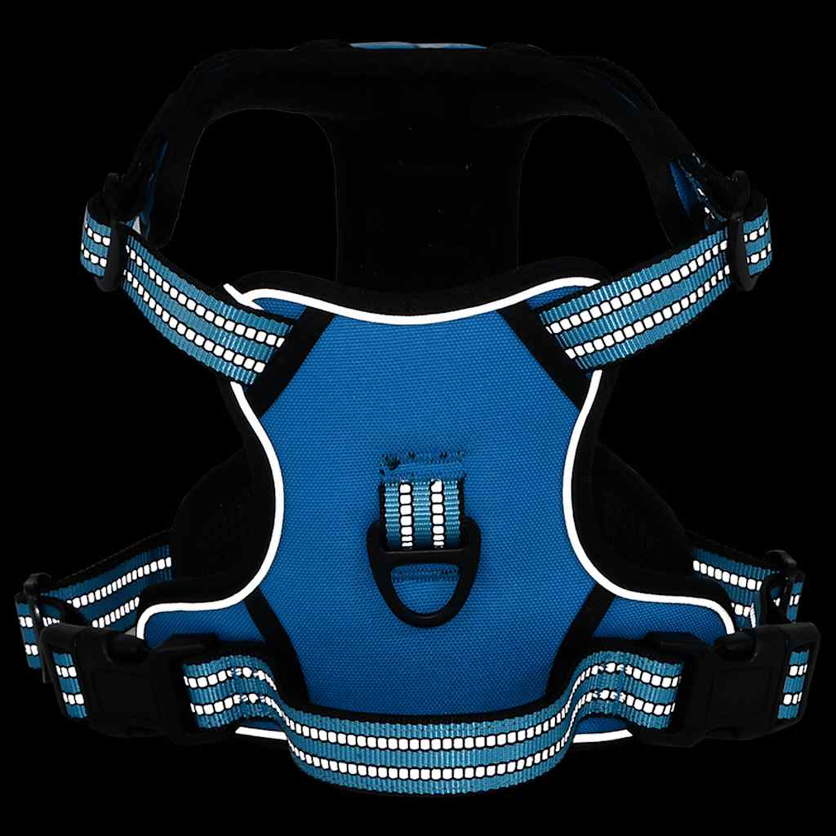 Blau-schwarzes Hundegeschirr mit reflektierenden Streifen. Merkmale sind verstellbare Riemen, Schnallen und ein D-Ring zur Befestigung.