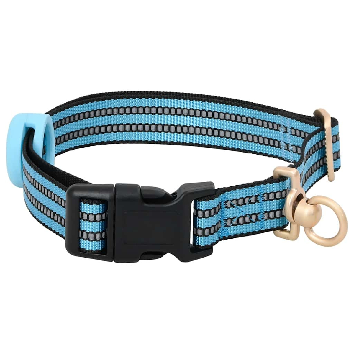 Blau-schwarzes Hundehalsband mit reflektierenden Streifen. Es hat eine schwarze Schnalle, einen goldenen Metallring und ein hellblaues Kunststoffteil.
