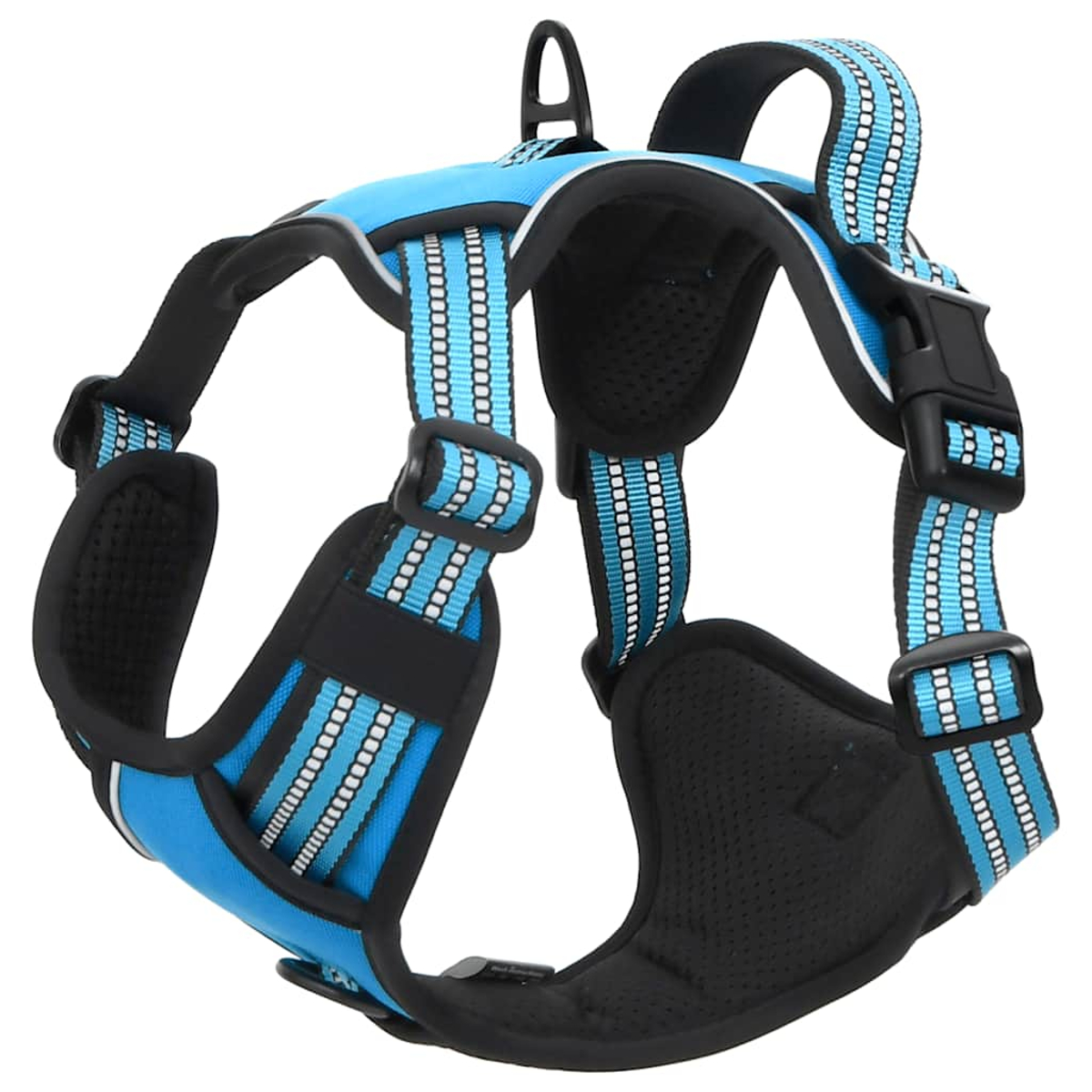 Blau-schwarzes Hundegeschirr mit reflektierenden Streifen. Merkmale sind verstellbare Gurte, Schnallen und ein oberer Griff.