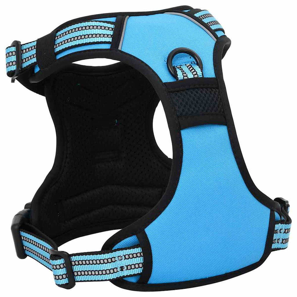 Un'imbracatura per cani blu e nera con strisce riflettenti e interno in rete nera, con cinghie regolabili e un anello a D.