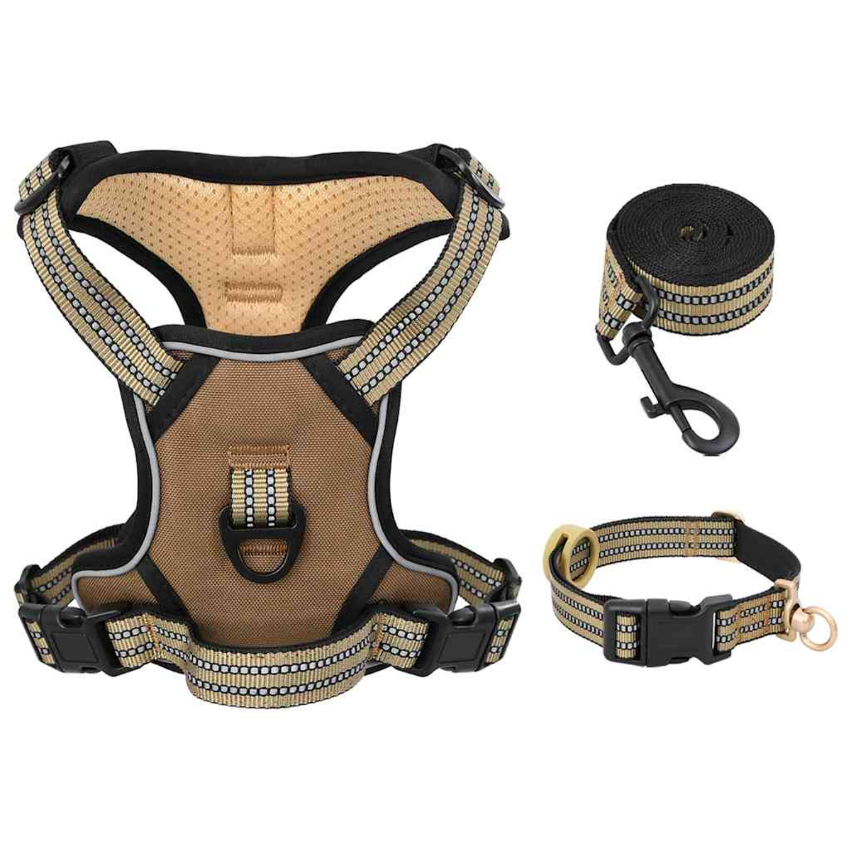Set di pettorina, guinzaglio e collare per cani. La pettorina è marrone e beige. Il guinzaglio è nero e beige. Il collare è nero e beige.