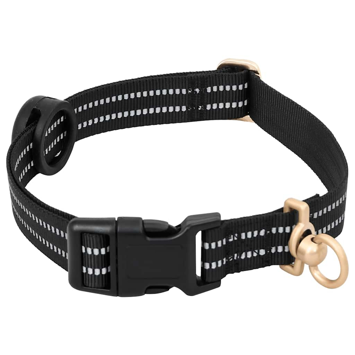 Collare nero per cani con strisce bianche riflettenti, fibbia nera e anello dorato per guinzaglio.