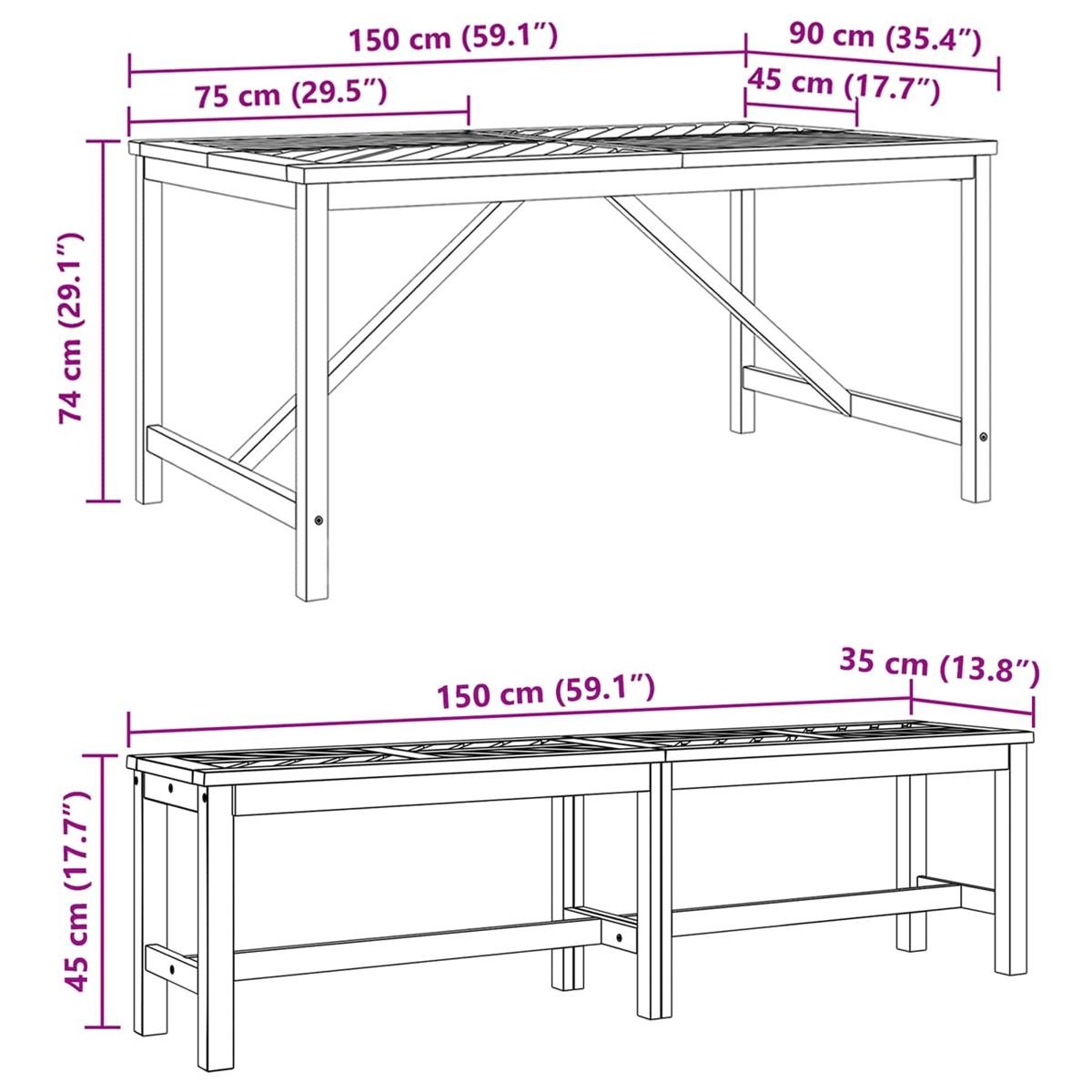 Un diagrama muestra una mesa y un banco con dimensiones en cm y pulgadas. La mesa es rectangular y el banco es largo.