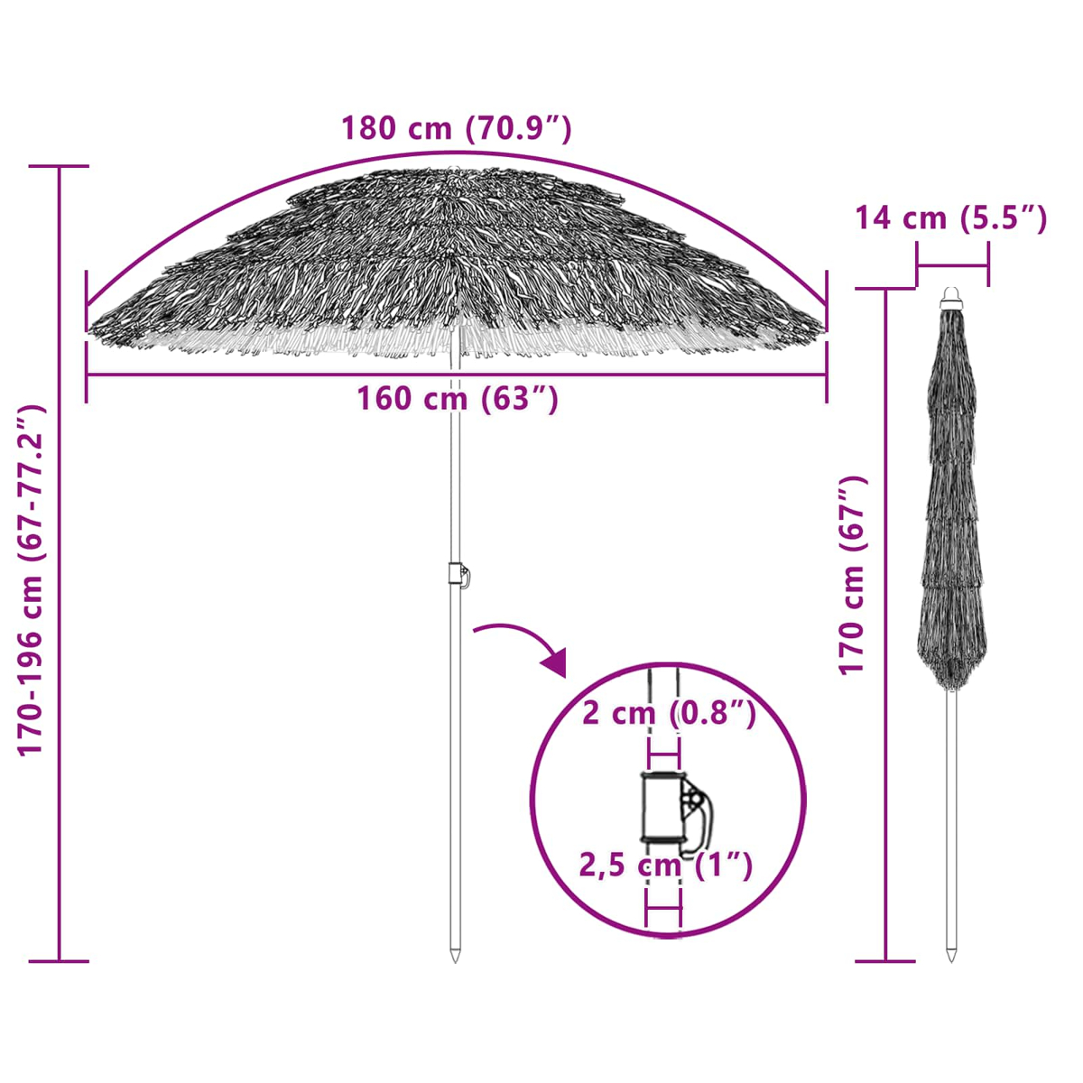 Un diagramma schematico di un ombrellone con dimensioni. Ha una parte superiore simile alla paglia e un palo. Le misure sono in cm e pollici.