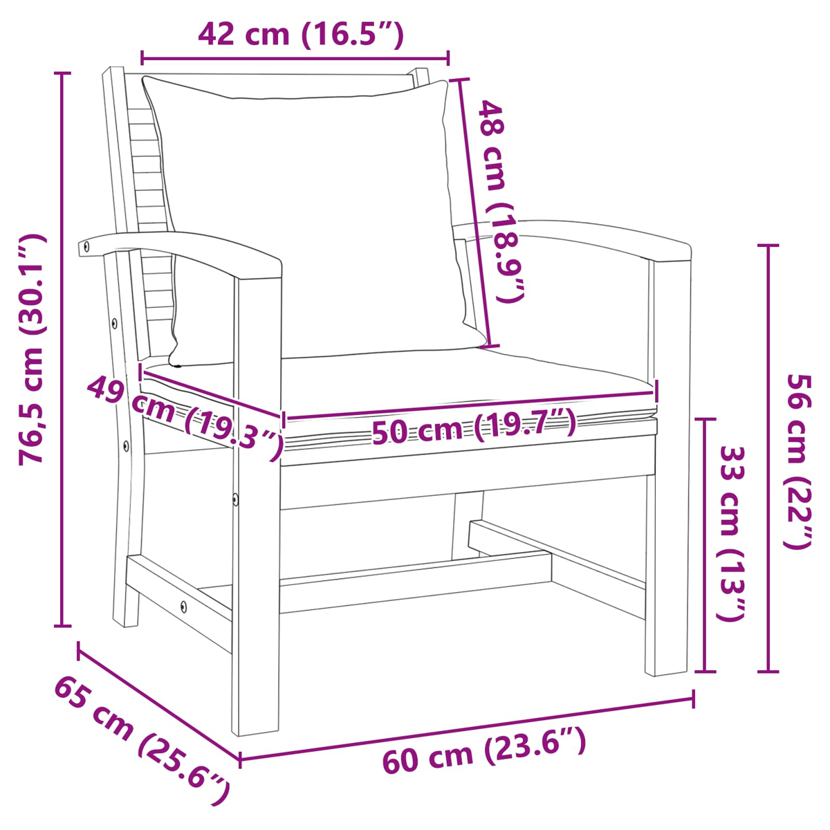 Diagramm eines Holzstuhls mit Abmessungen in cm und Zoll. Er hat ein Sitzkissen und ein Rückenkissen, das die Gesamtgröße zeigt.