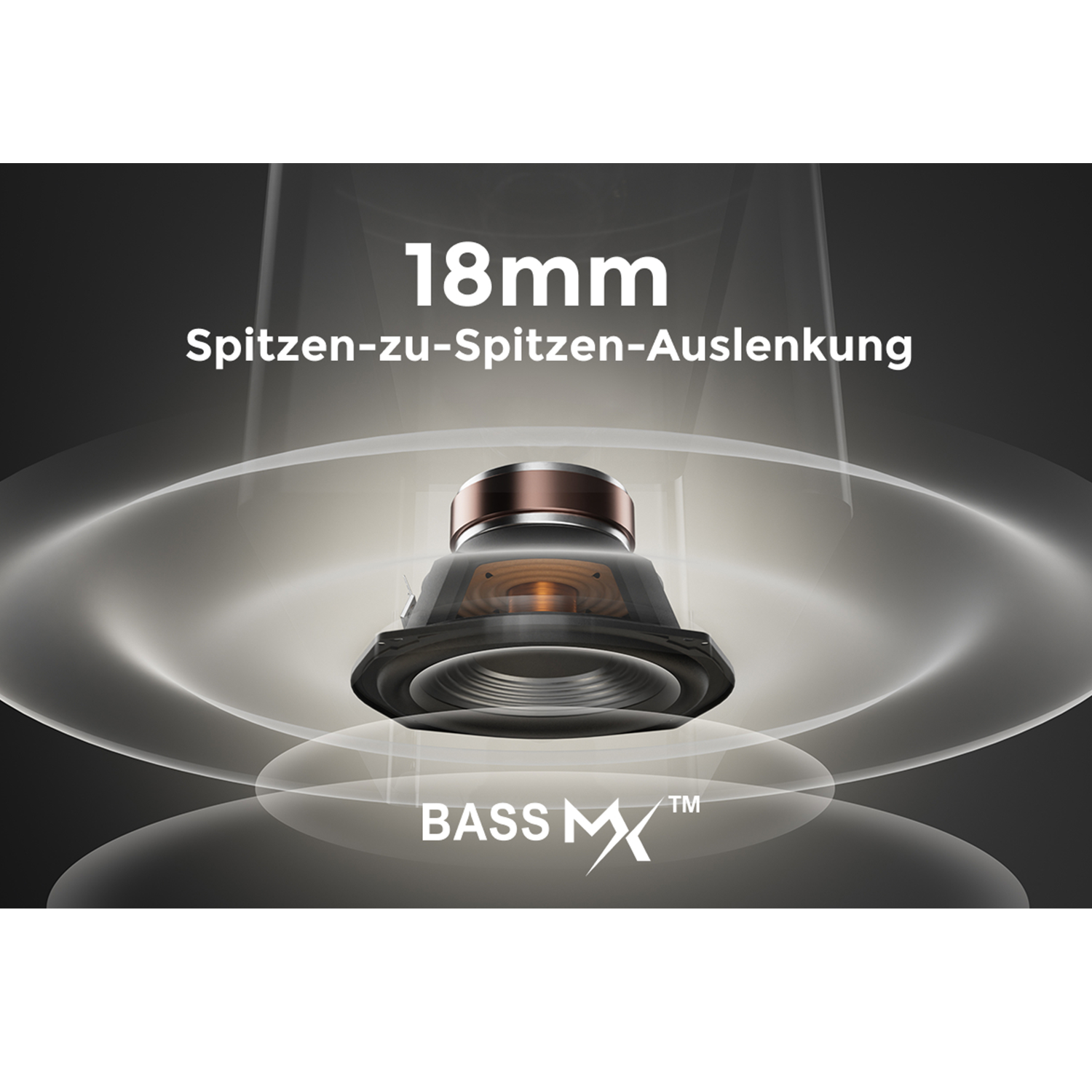 Illustration eines Lautsprechers. Text: 18mm Spitzen-zu-Spitzen-Auslenkung und BassMX.