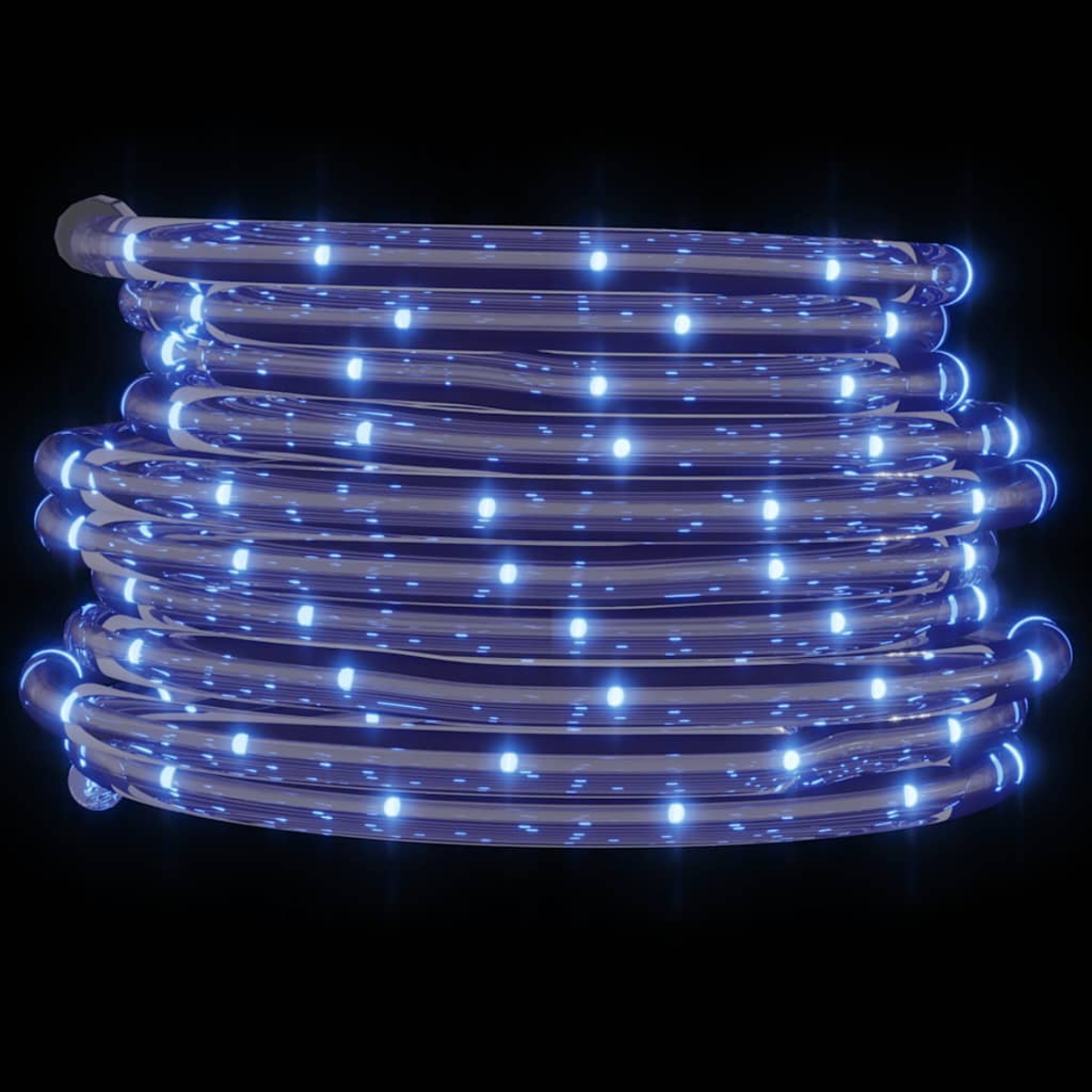 Eine aufgerollte, transparente Röhre mit eingebetteten blauen Lichtern vor schwarzem Hintergrund. Die Lichter sind gleichmäßig verteilt.
