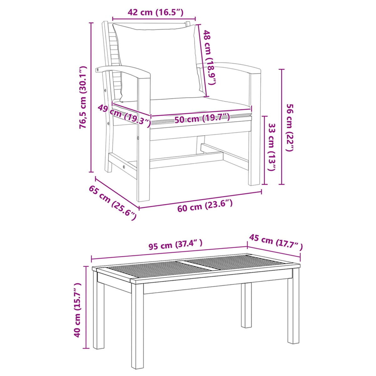 Ein Diagramm zeigt einen Holzarmstuhl und einen Tisch. Die Abmessungen sind in cm und Zoll angegeben. Der Armstuhl hat ein Kissen.