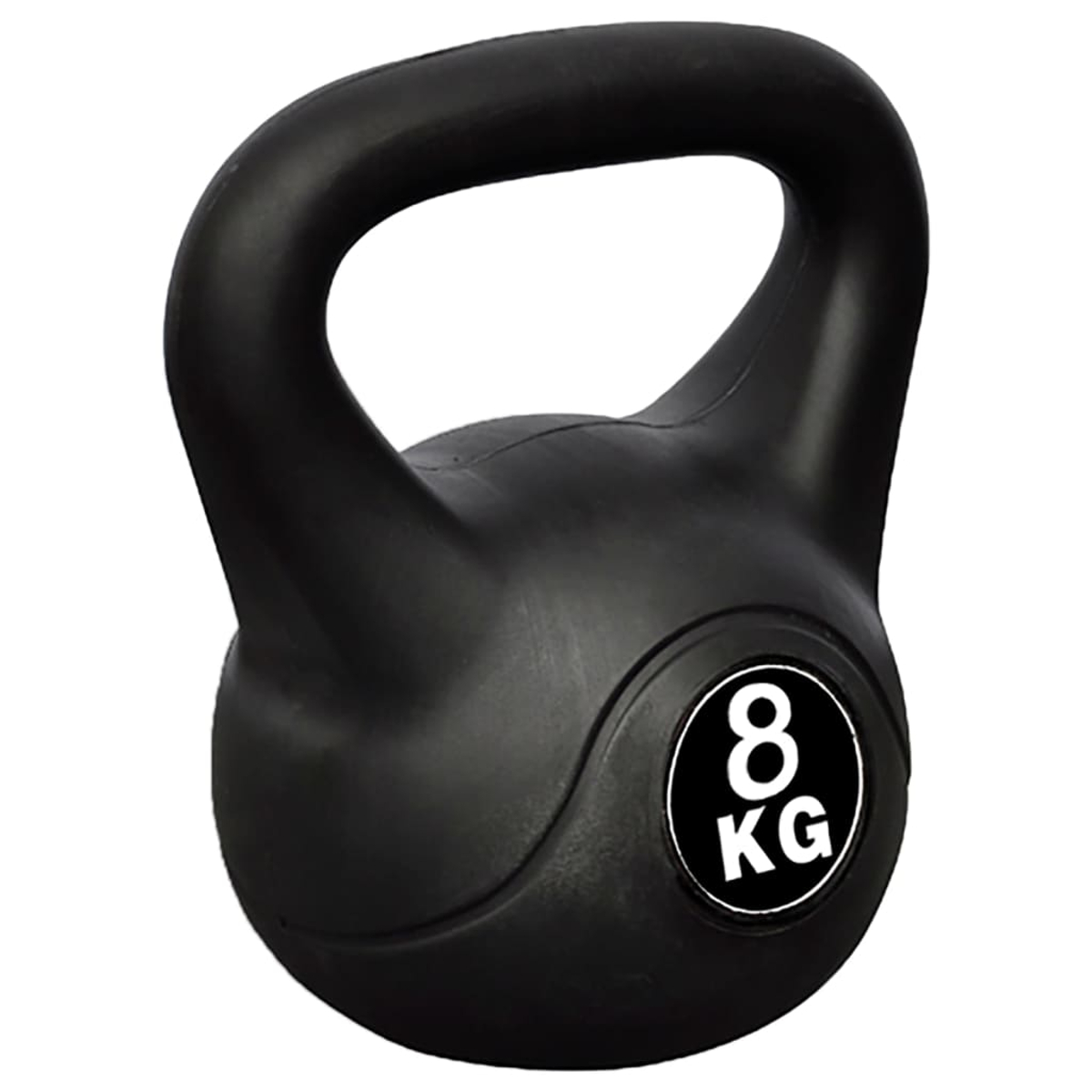 Schwarze Kettlebell mit Griff. Ein weißer Kreis zeigt das Gewicht: 8 KG. Der Hintergrund ist weiß.