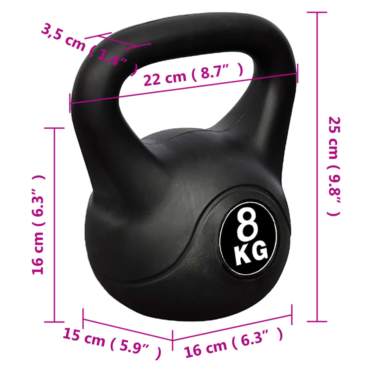 Schwarze Kettlebell mit Abmessungen. Sie ist 16 cm hoch, 22 cm breit und wiegt 8 kg. Maße sind auf dem Bild dargestellt.