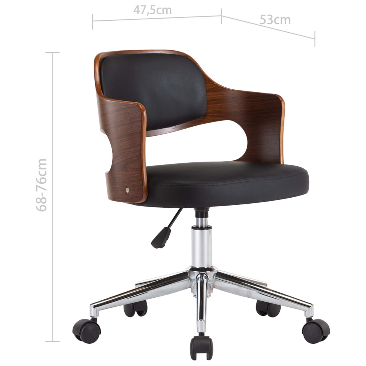 Ein moderner Bürostuhl mit schwarzem Sitz und Rückenlehne, Holzarmlehnen und einem Chromgestell mit Rollen. Maße sind angegeben.