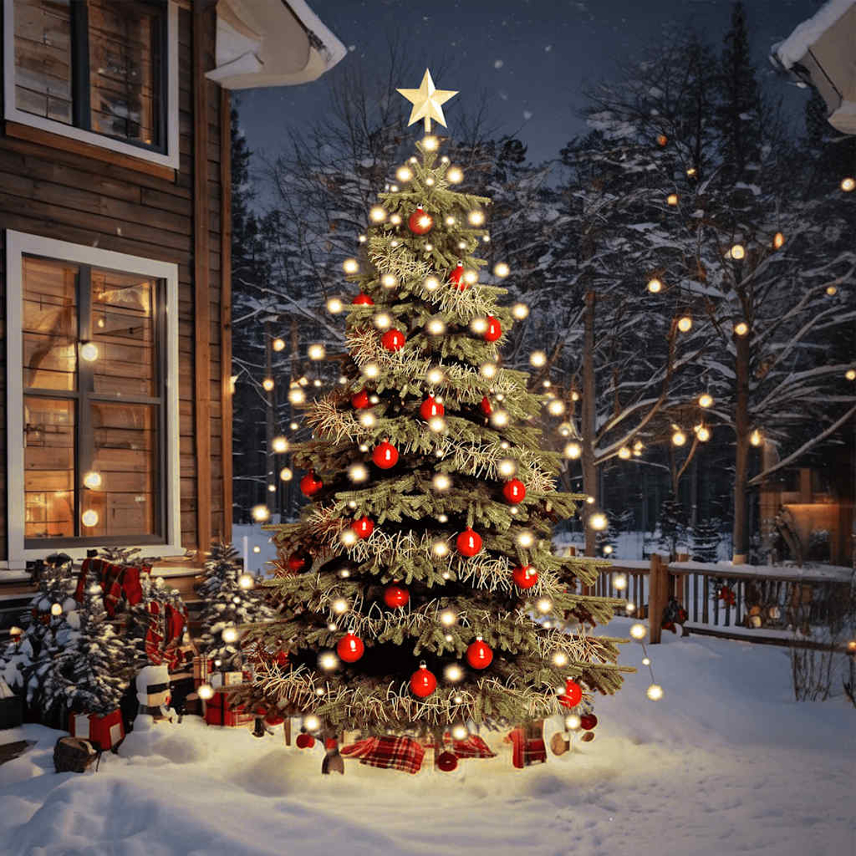 Ein geschmückter Weihnachtsbaum mit roten Ornamenten und einem Stern vor einem verschneiten Haus. Lichter sind um den Baum gespannt.