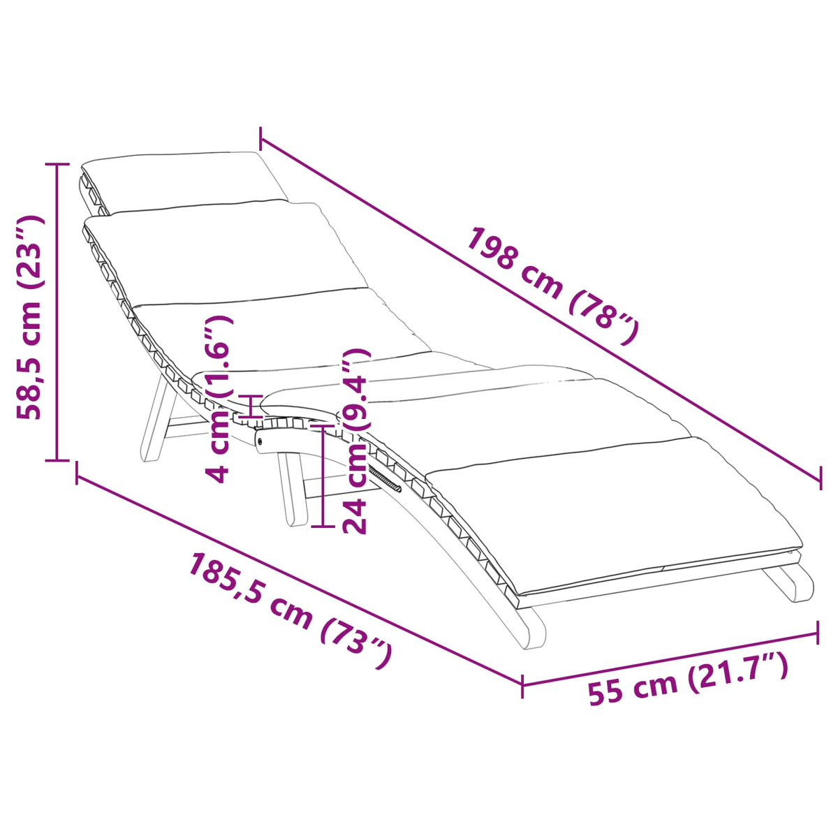Diagramm einer Holz-Sonnenliege mit Maßen: 198 cm lang, 55 cm breit und 58,5 cm hoch. Maße in cm und Zoll.