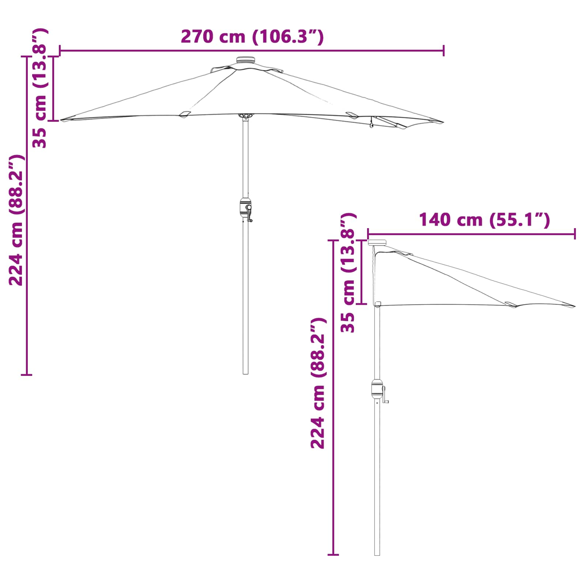 Schema di due ombrelloni con dimensioni. Quello più grande è largo 270 cm, quello più piccolo 140 cm.