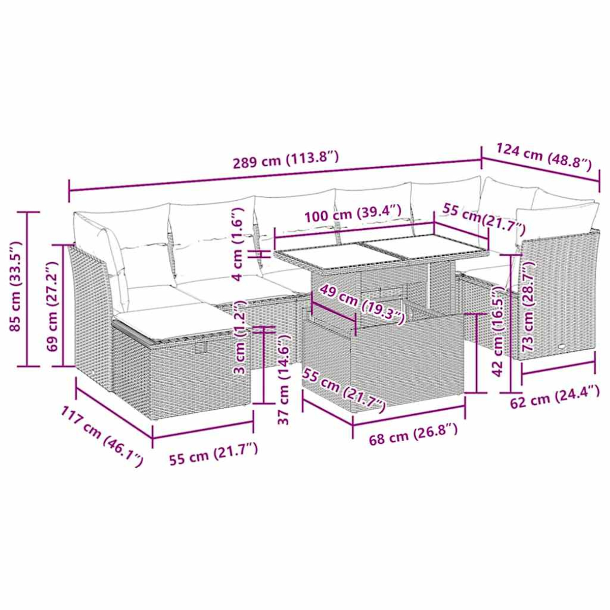 Diagramm eines Outdoor-Ecksofas aus Korbgeflecht mit Maßangaben in cm und Zoll.