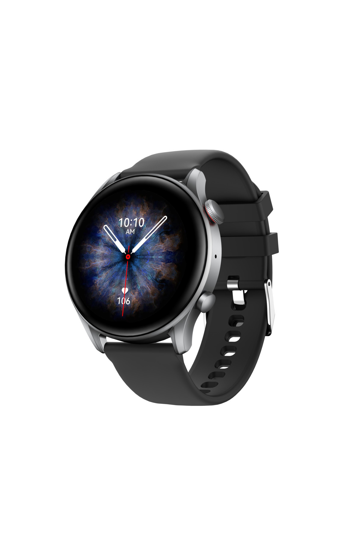 Smartwatch z czarnym paskiem. Tarcza pokazuje godzinę 10:10 AM i tętno 106. Tło jest białe.