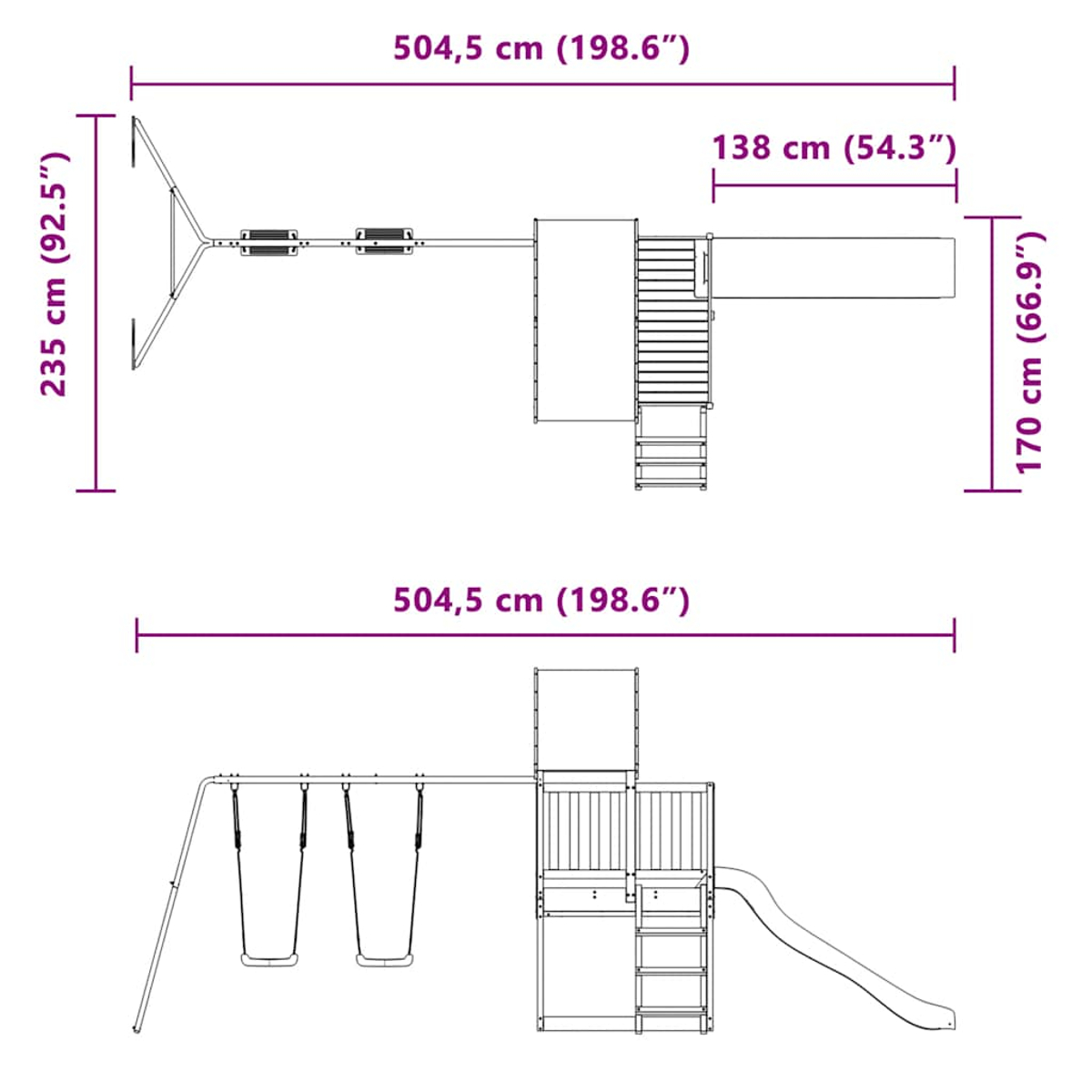 Diagramm eines Spielplatzes mit Abmessungen. Es umfasst Schaukeln, eine Rutsche, ein Klettergerüst und Maße in cm und Zoll.
