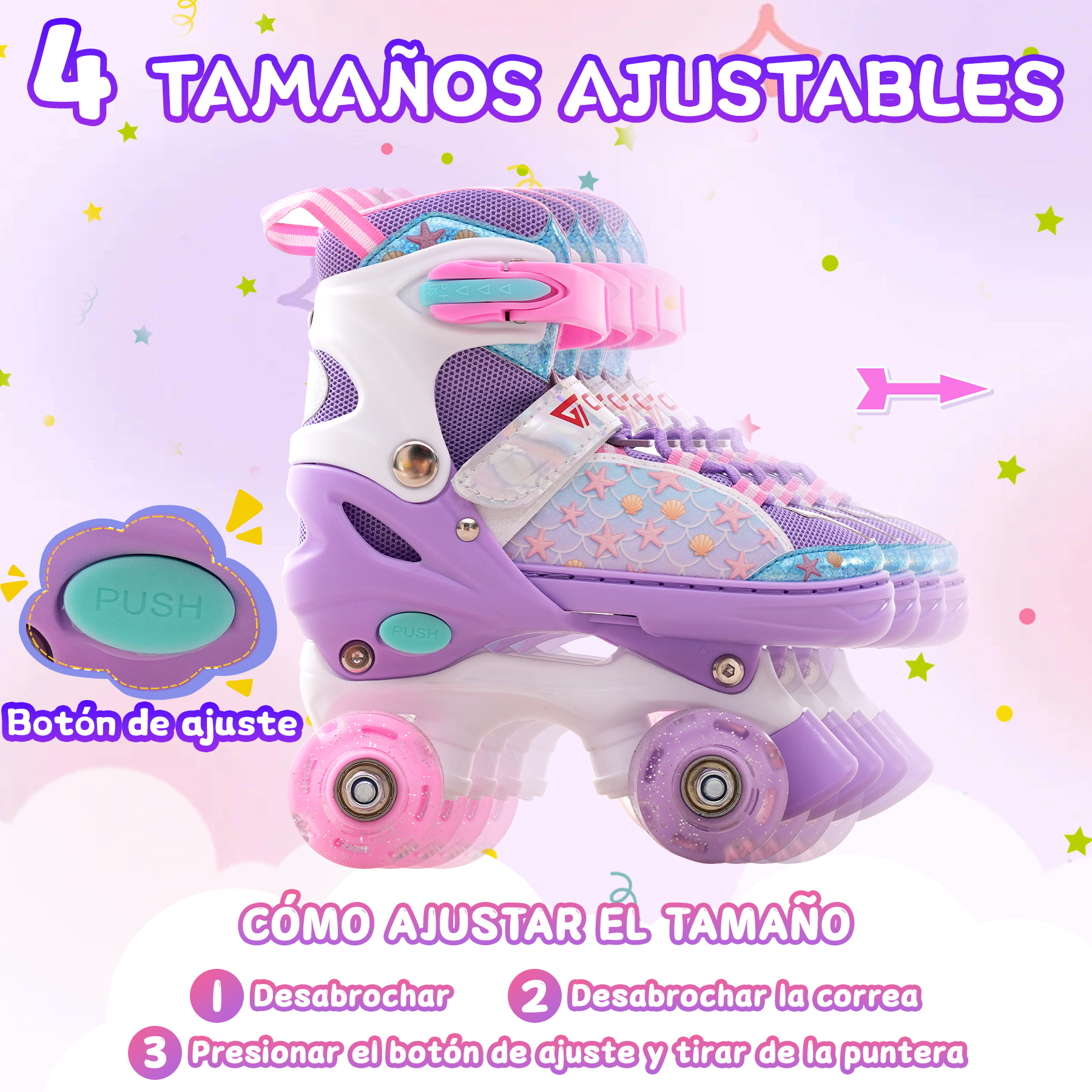 Patines morados y blancos con ruedas rosas. Texto: Tallas ajustables. Instrucciones de ajuste de talla.