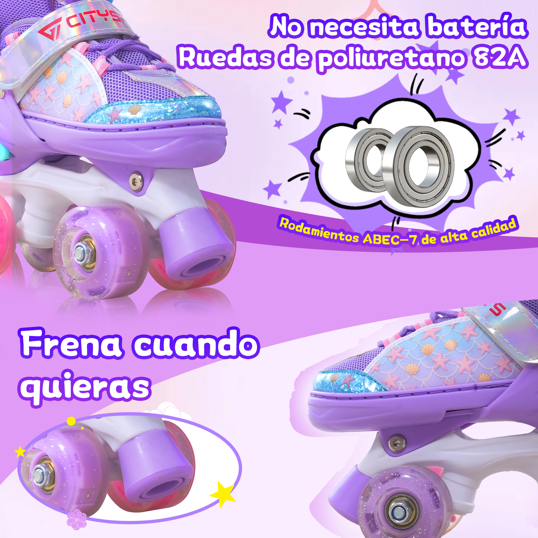 Patines morados con diseño de sirena y detalles brillantes. El texto menciona características como ruedas de poliuretano y rodamientos ABEC-7.