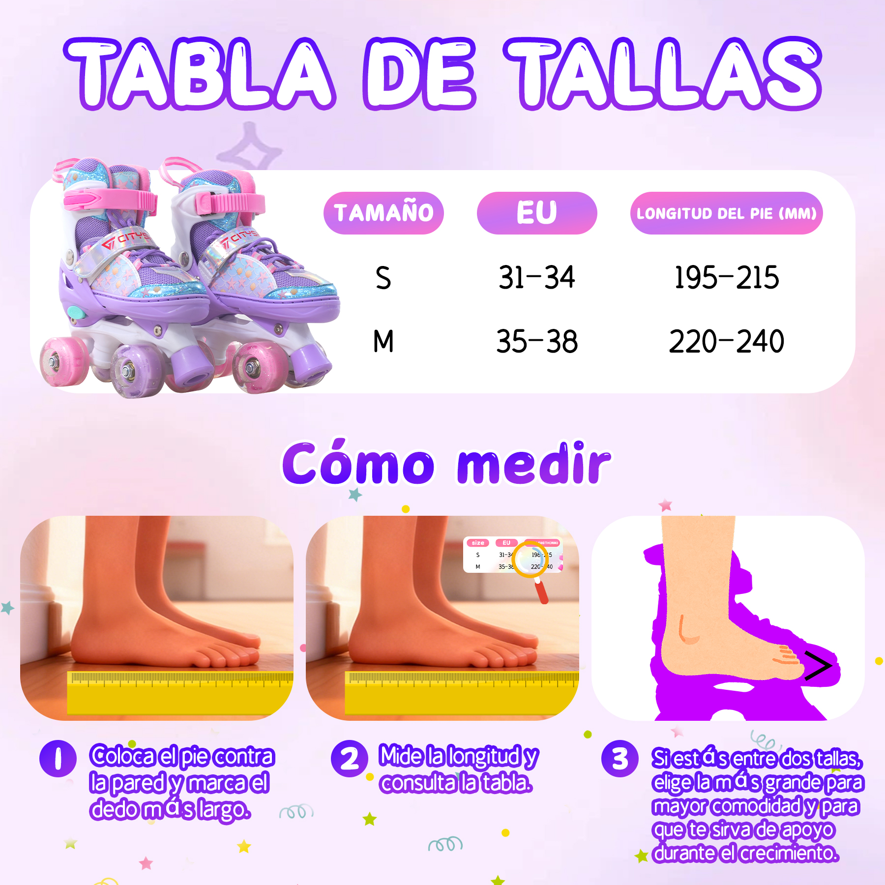 La imagen muestra patines, tablas de tallas e instrucciones sobre cómo medir el pie para la talla de zapato.