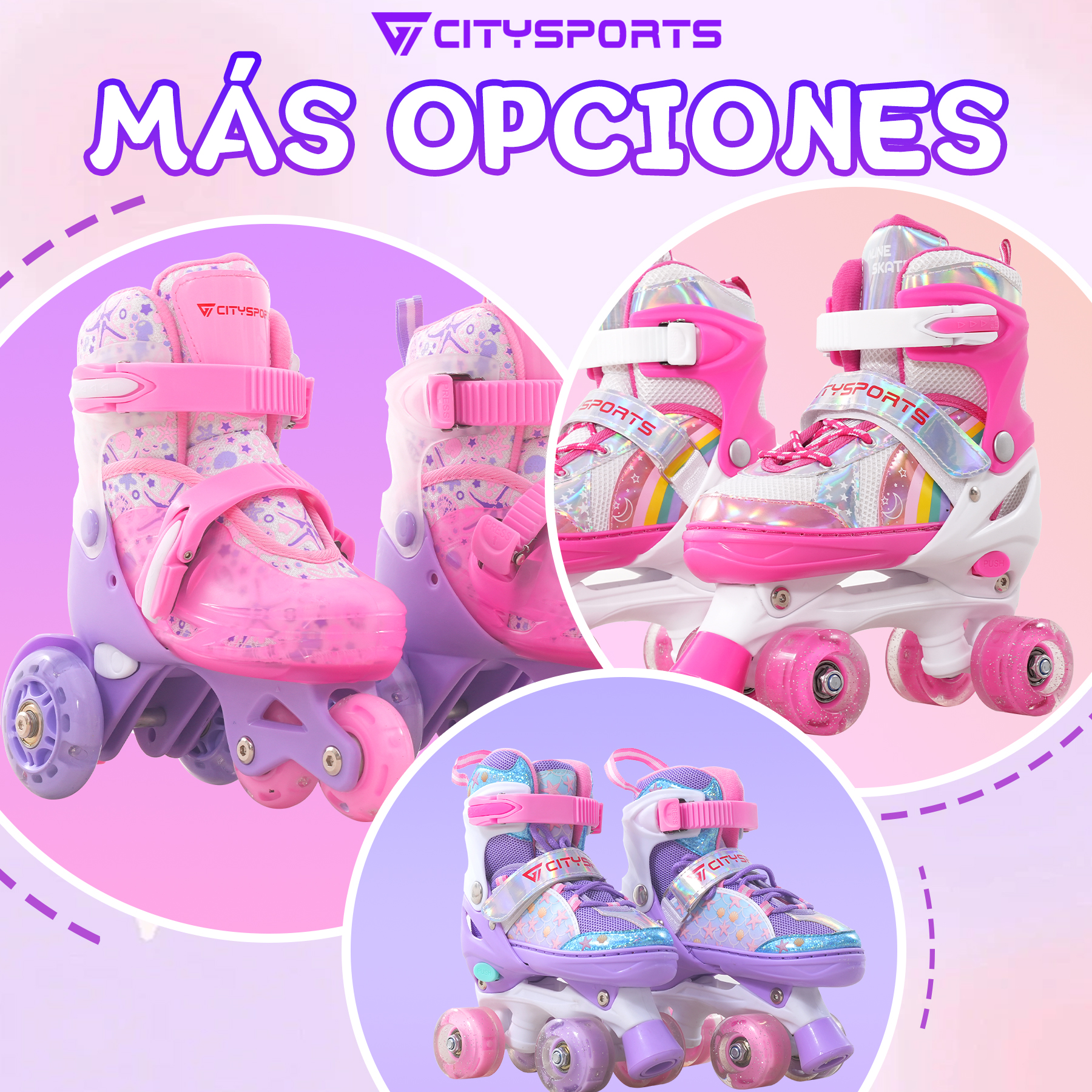 La imagen muestra varios pares de patines en rosa y morado. El texto de arriba dice 'Más Opciones' y 'Citysports'.
