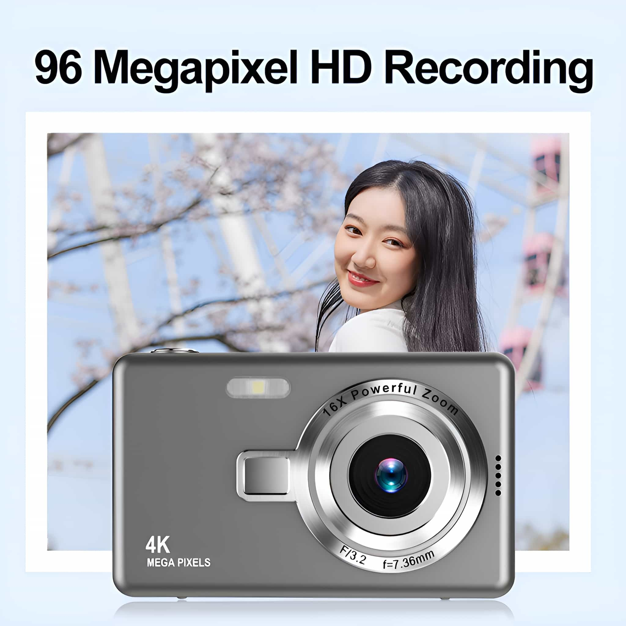 Eine graue Kamera mit einer lächelnden Frau im Hintergrund. Text: 96 Megapixel HD Recording, 4K.