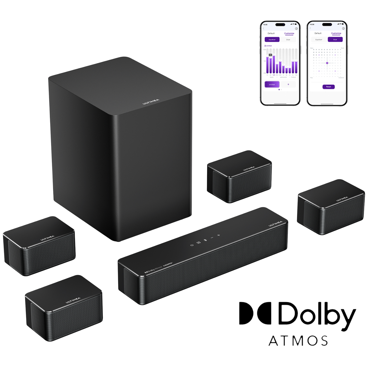 Ein schwarzes Heimkinosystem mit Subwoofer, Soundbar und Satellitenlautsprechern sowie zwei Telefonbildschirmen mit App-Oberflächen.