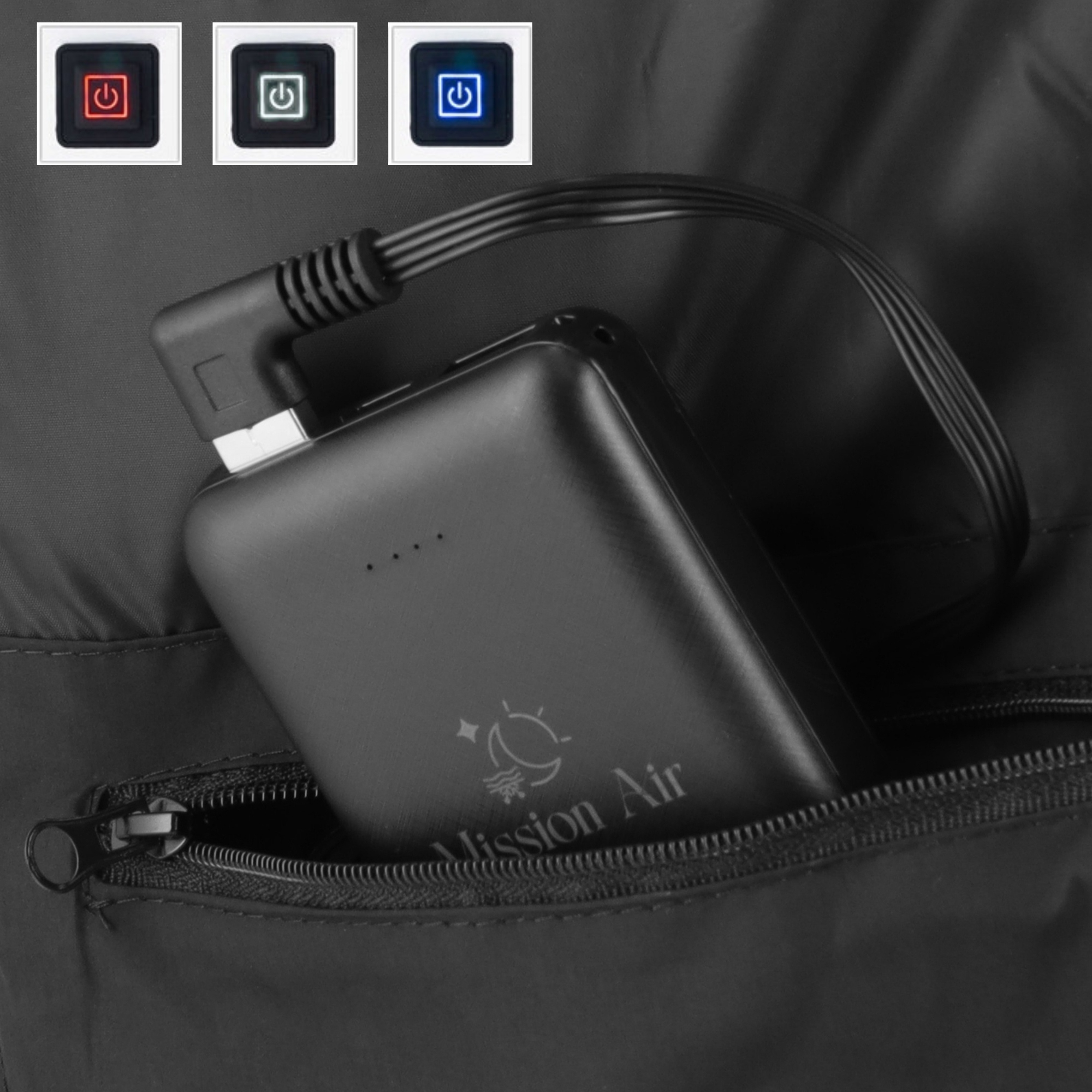 Czarny power bank w kieszeni z kablem. Podświetlenie przycisku zasilania jest czerwone, zielone i niebieskie.