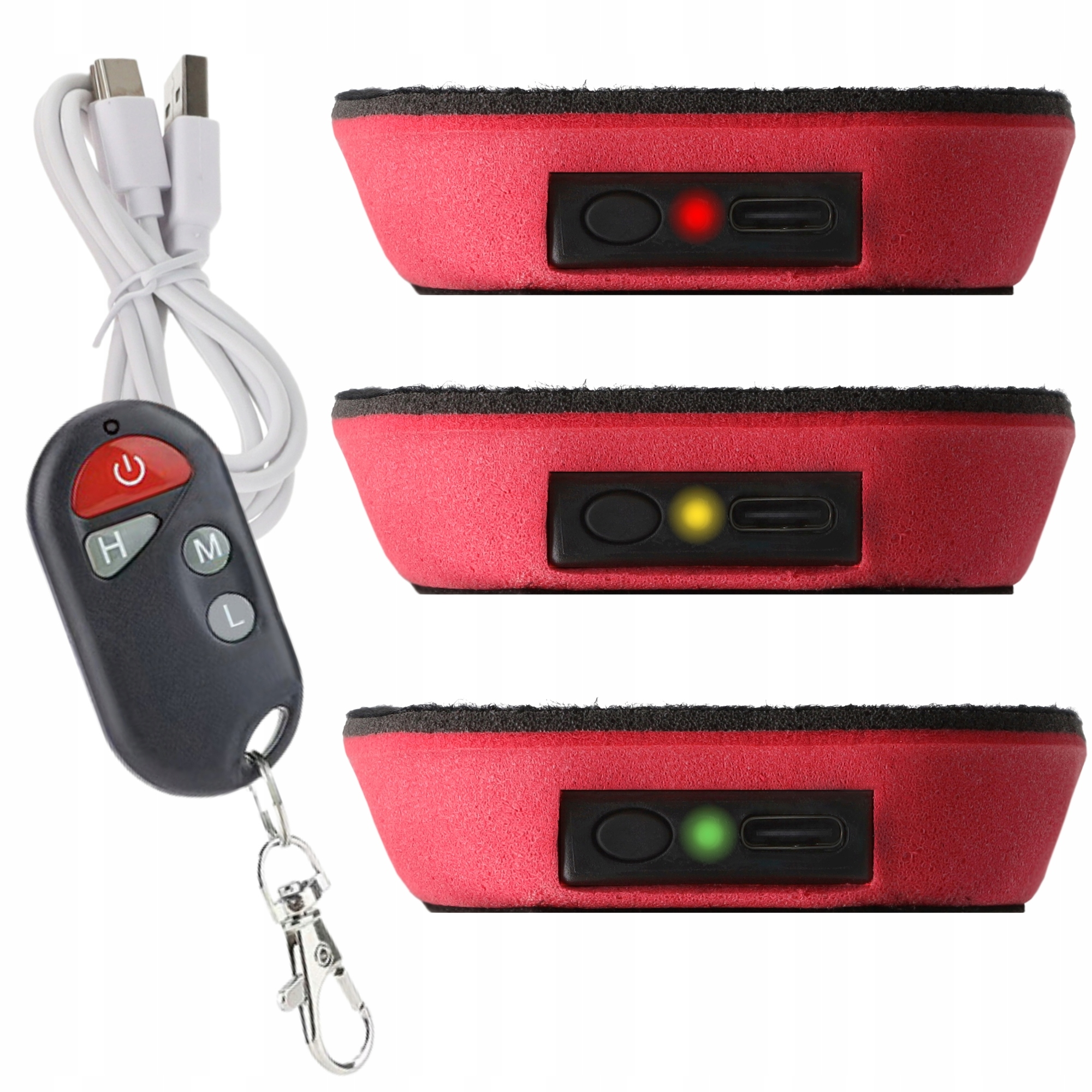 Trzy czerwone urządzenia z czarnymi górnymi częściami. Po lewej stronie znajduje się pilot i kabel USB.