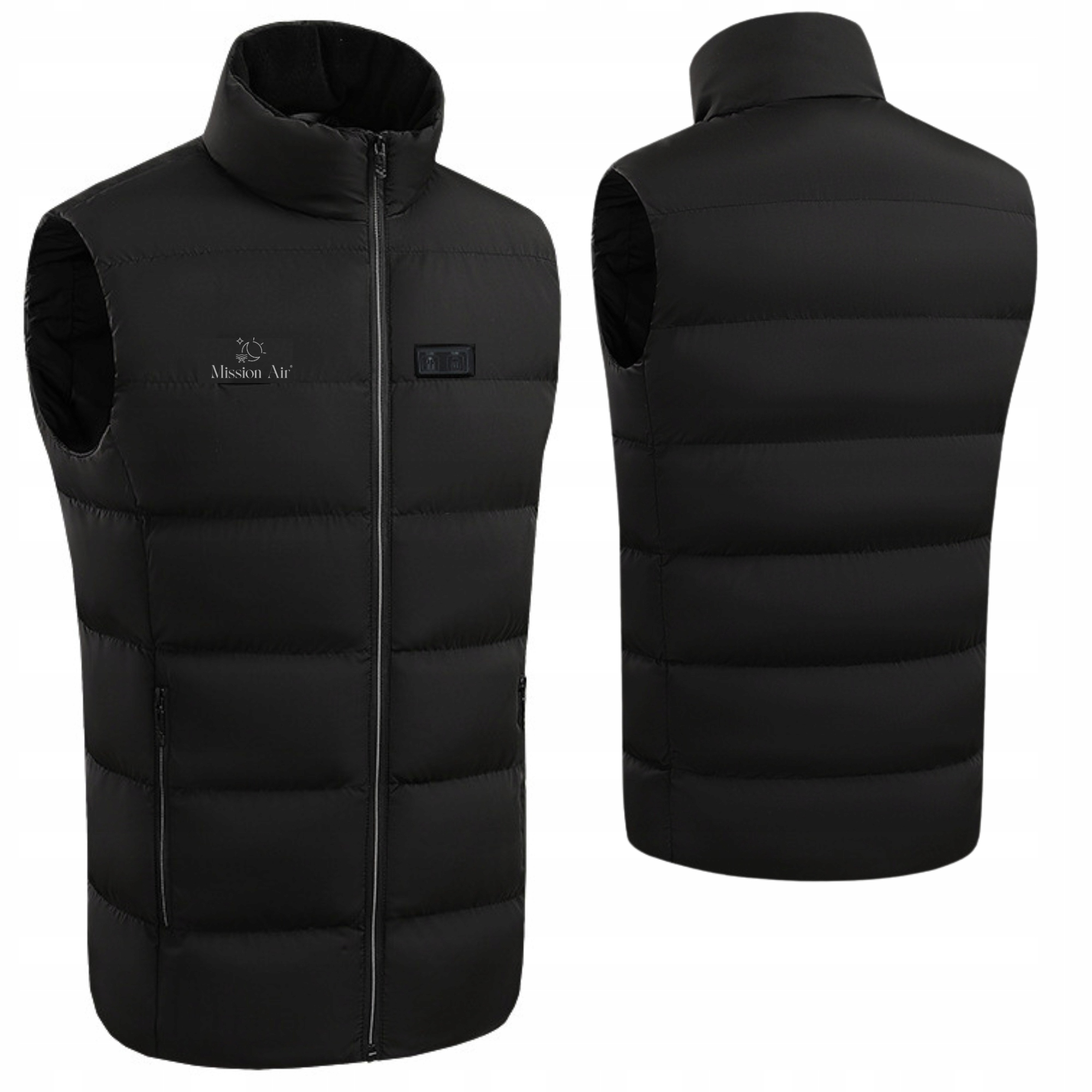 Czarna pikowana kamizelka, widok z przodu i z tyłu. Posiada zamek błyskawiczny i logo 'Mission Air'.