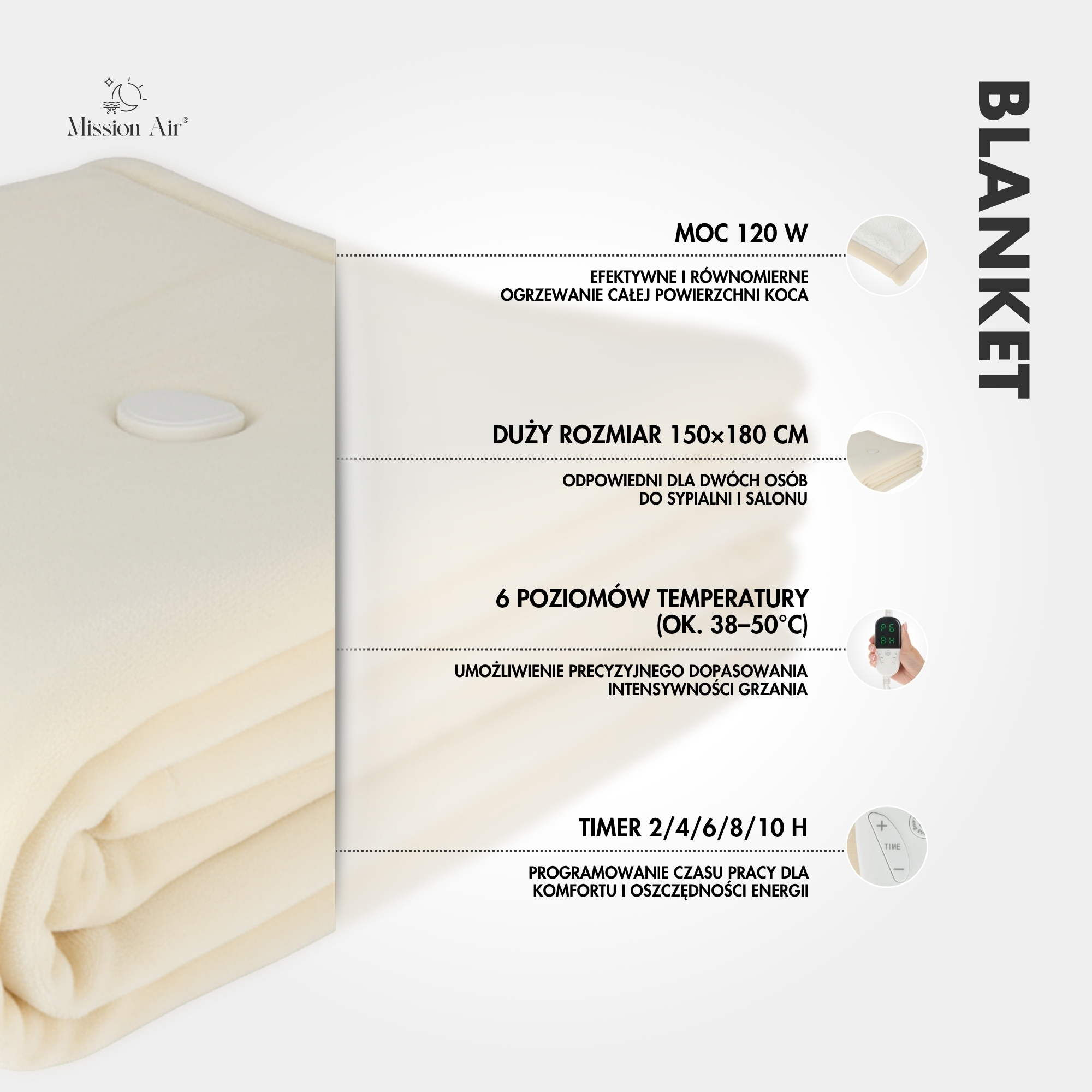 Koc z detalami produktu. Pokazuje moc grzewczą, rozmiar, poziomy temperatury i funkcje timera. Tekst jest po polsku.