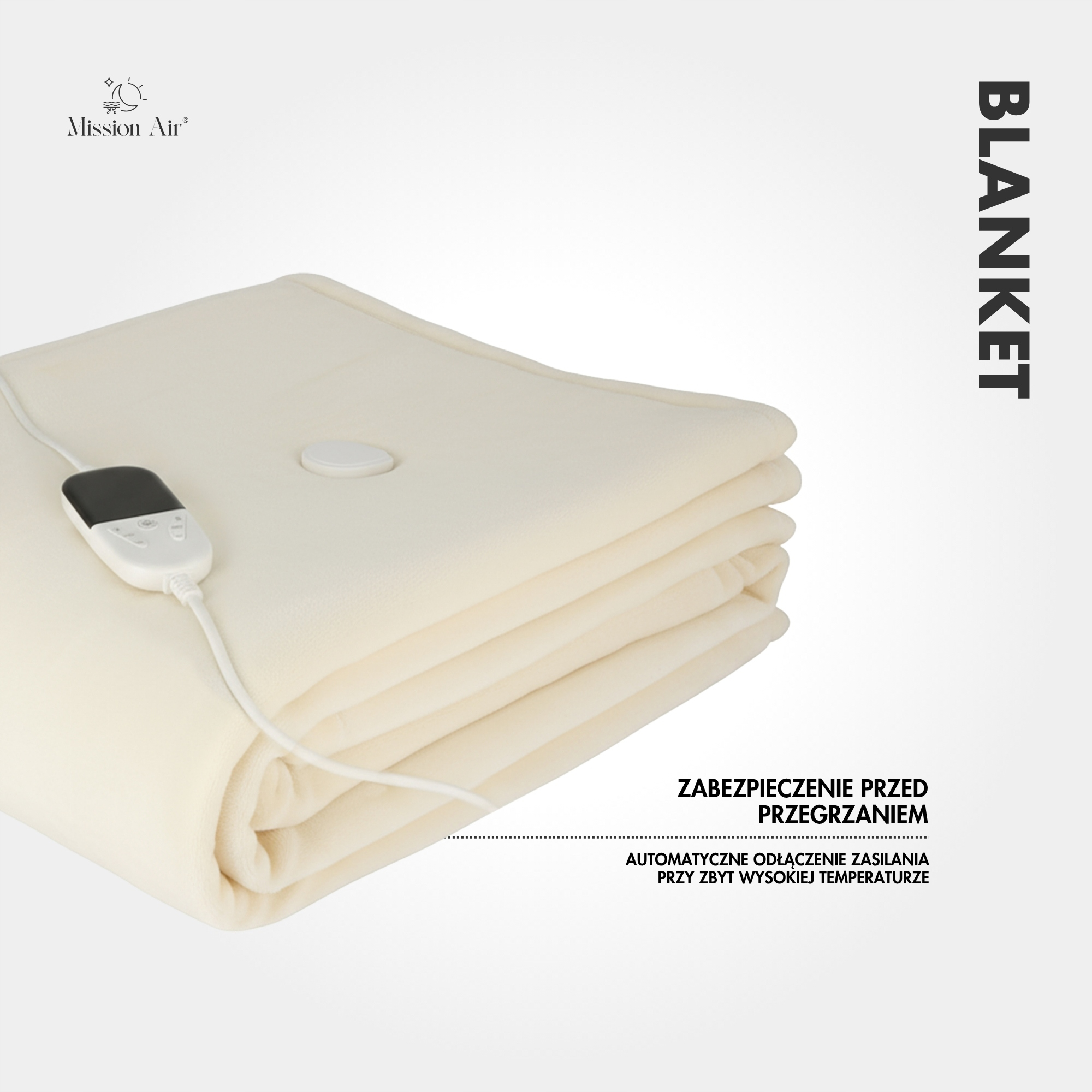 Kremowy koc elektryczny z panelem sterowania i słowem BLANKET w dużym tekście. Zaznaczono również funkcje bezpieczeństwa.