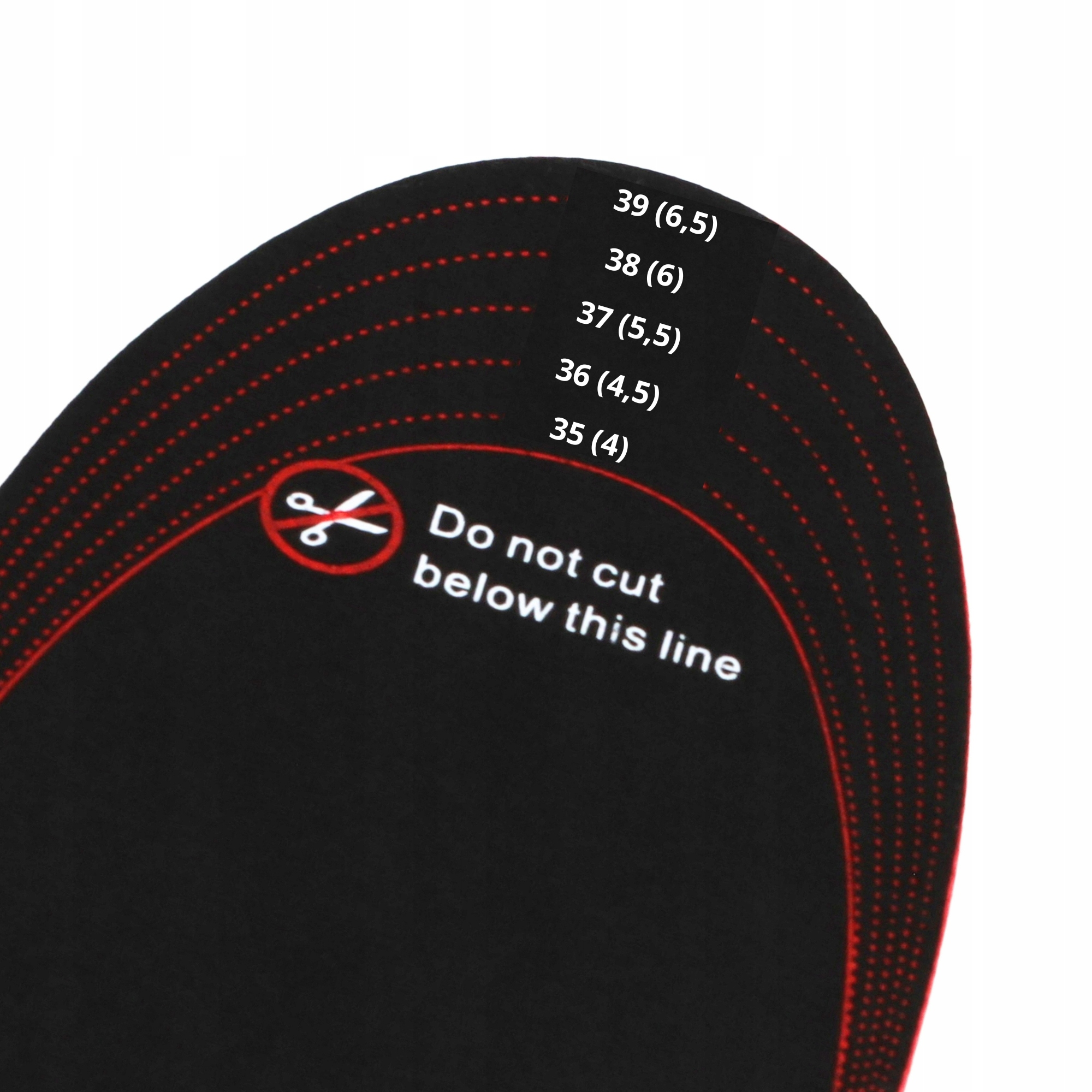 Czarna wkładka z czerwonymi kropkowanymi liniami i tekstem: Nie przecinać poniżej tej linii. Rozmiary są wymienione.
