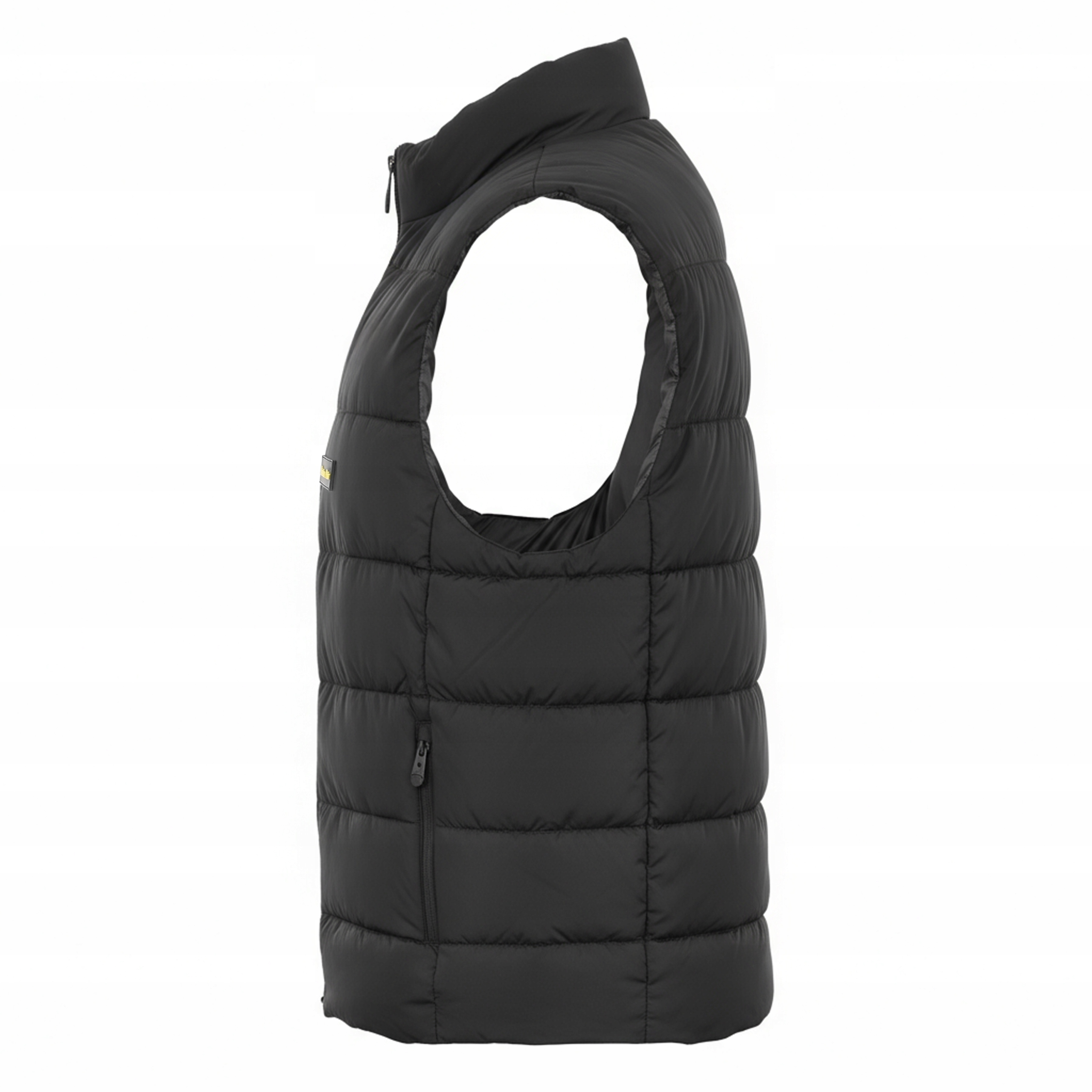 Czarna pikowana kamizelka z wysokim kołnierzem i zamkiem błyskawicznym. Pokazana z boku na białym tle.