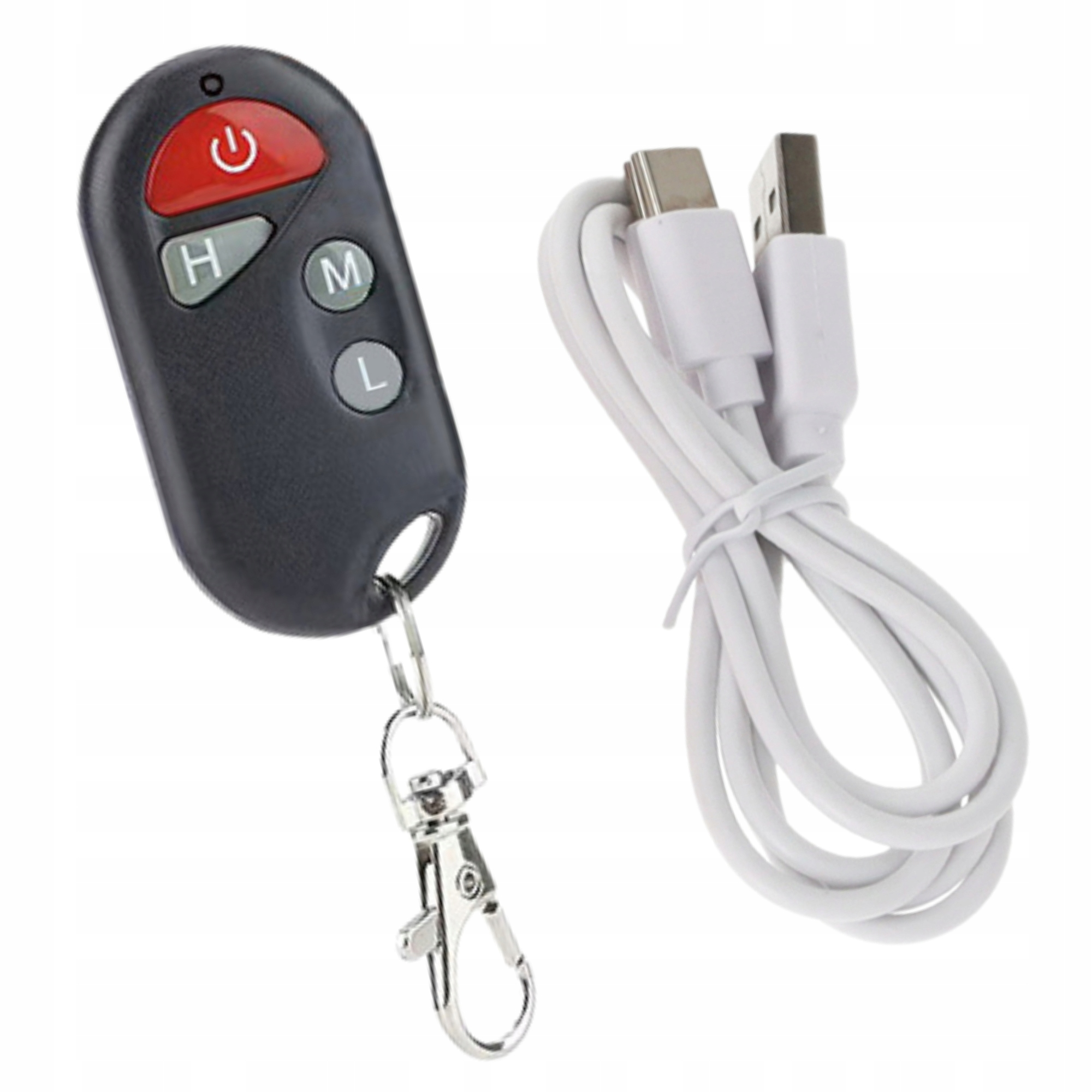 Czarny pilot z czerwonym przyciskiem zasilania, przyciskami H, M, L i białym kablem USB.