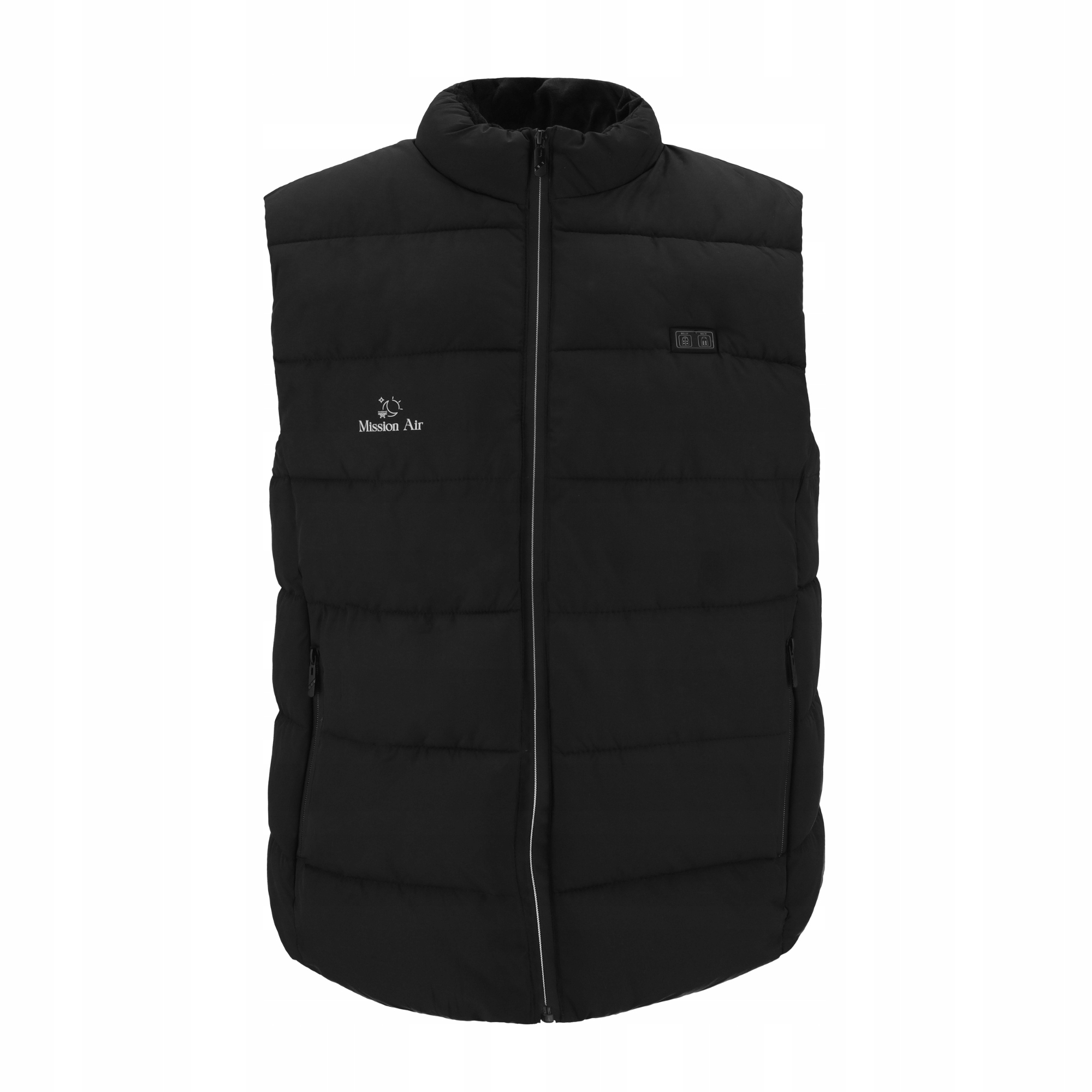 Czarna, pikowana kamizelka z zamkiem błyskawicznym. Ma logo 'Mission Air' i mały panel sterowania.