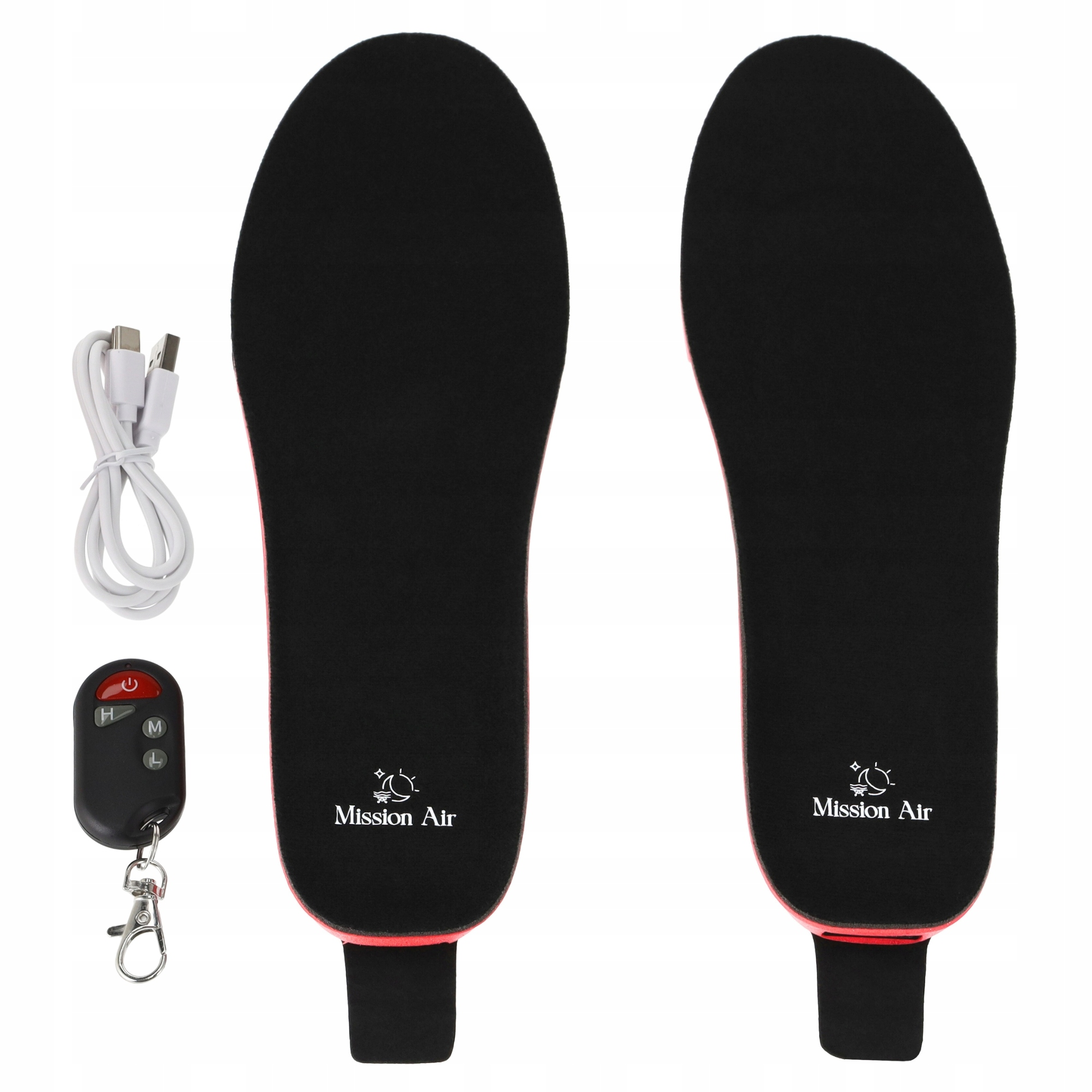 Dwie czarne wkładki z czerwonymi obramowaniami, pilot i kabel USB. Wkładki mają napis 'Mission Air'.
