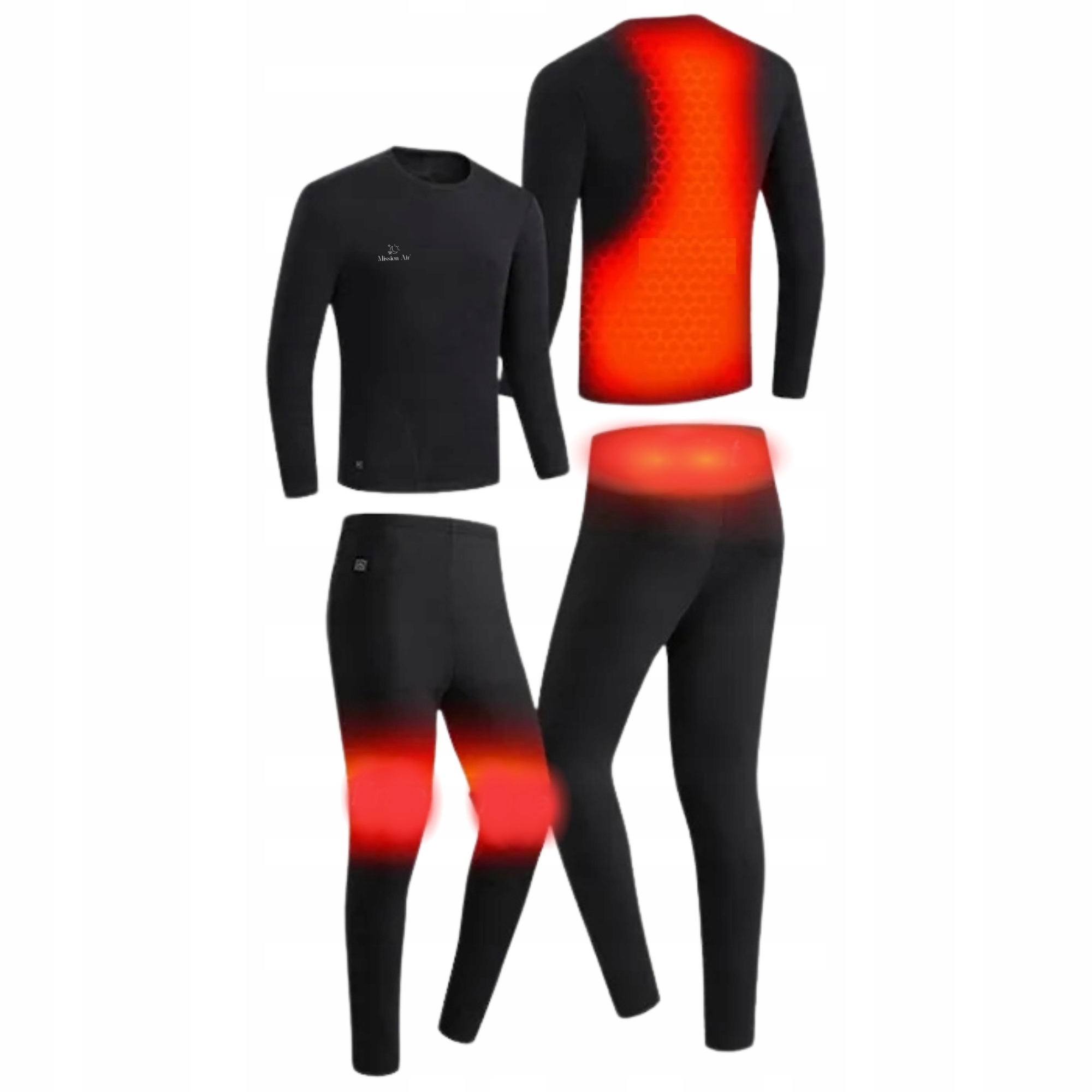 Czarny, podgrzewany zestaw warstwy bazowej: koszulka z długim rękawem i spodnie. Czerwone strefy grzewcze na plecach, kolanach i talii.