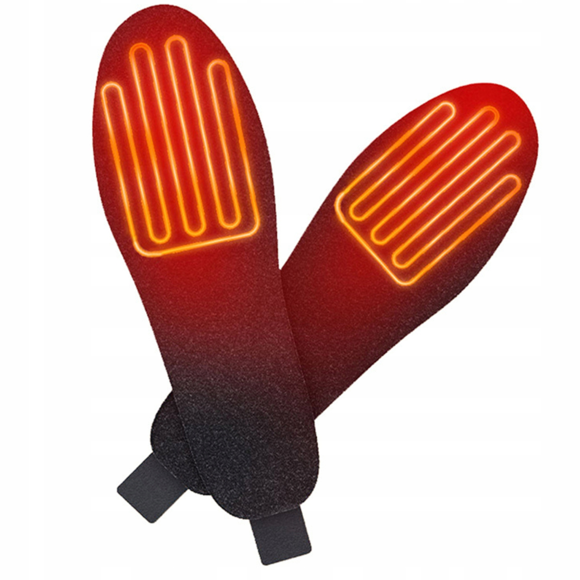 Dwie podgrzewane wkładki, czerwone z pomarańczowymi elementami grzewczymi, na białym tle. Czarne złącza na dole.