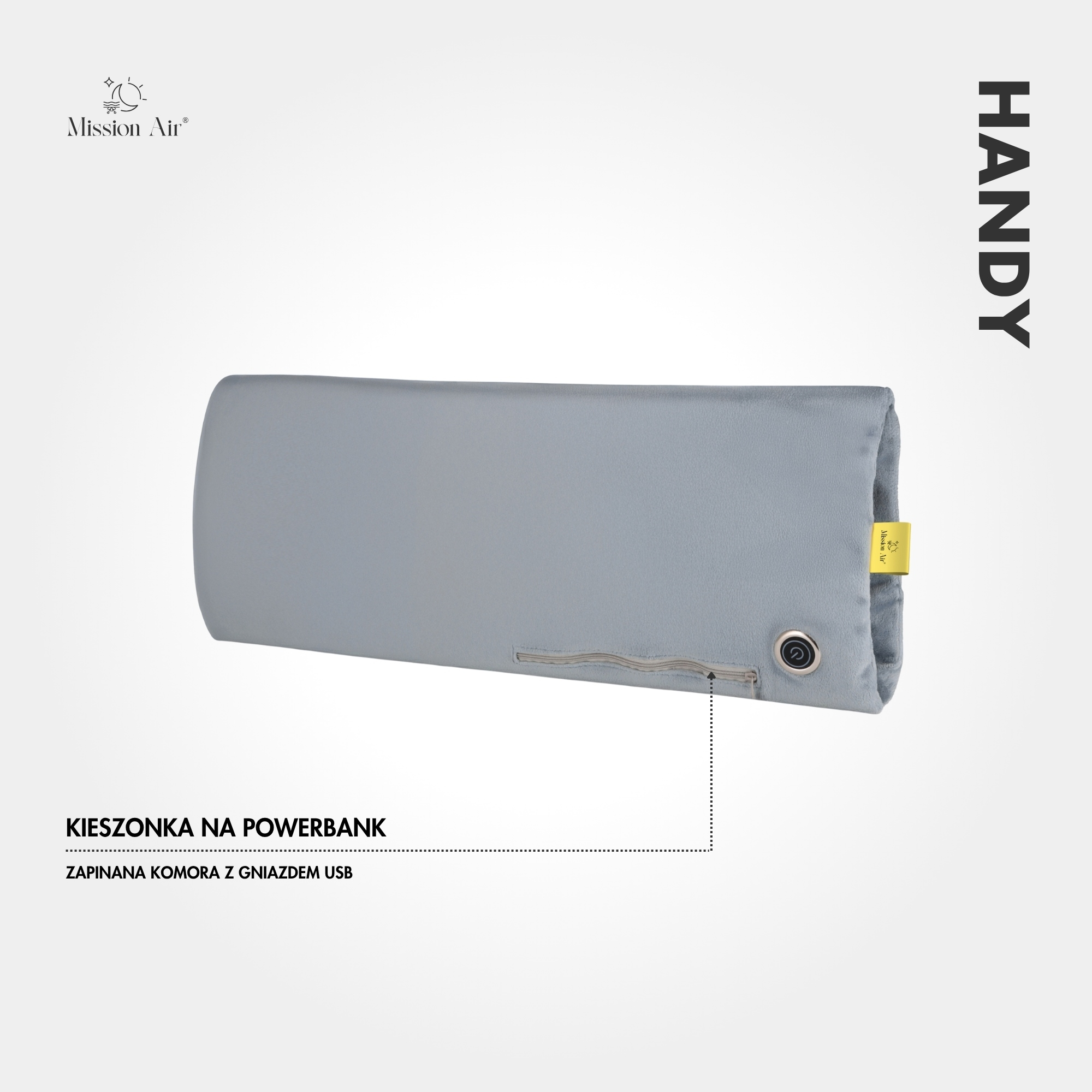 Szary, prostokątny ogrzewacz do rąk z kieszenią na power bank i portem USB. Tekst mówi 'Handy'.