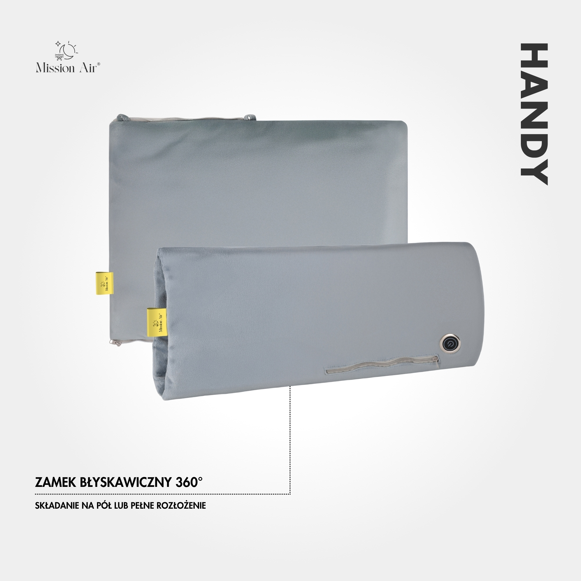 Dwa szare, złożone ogrzewacze do rąk. Jeden otwarty, drugi zamknięty. Tekst: 'HANDY'.