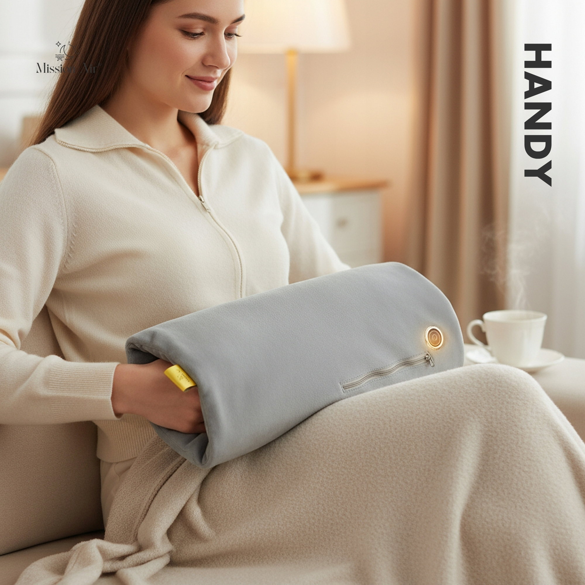 Kobieta trzyma szary ogrzewacz do rąk. Siedzi na kanapie z kocem. Szklanka herbaty stoi na stoliku.