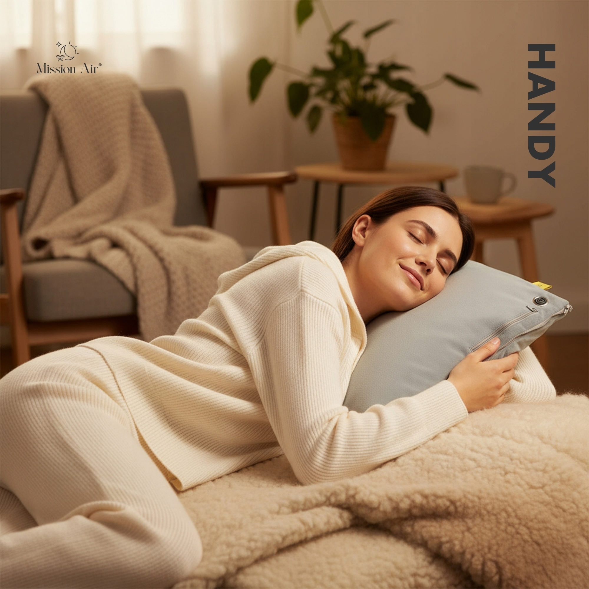 Kobieta odpoczywa na łóżku, tuląc szarą poduszkę. Ubrana w biały strój. Kocyk i rośliny w tle.