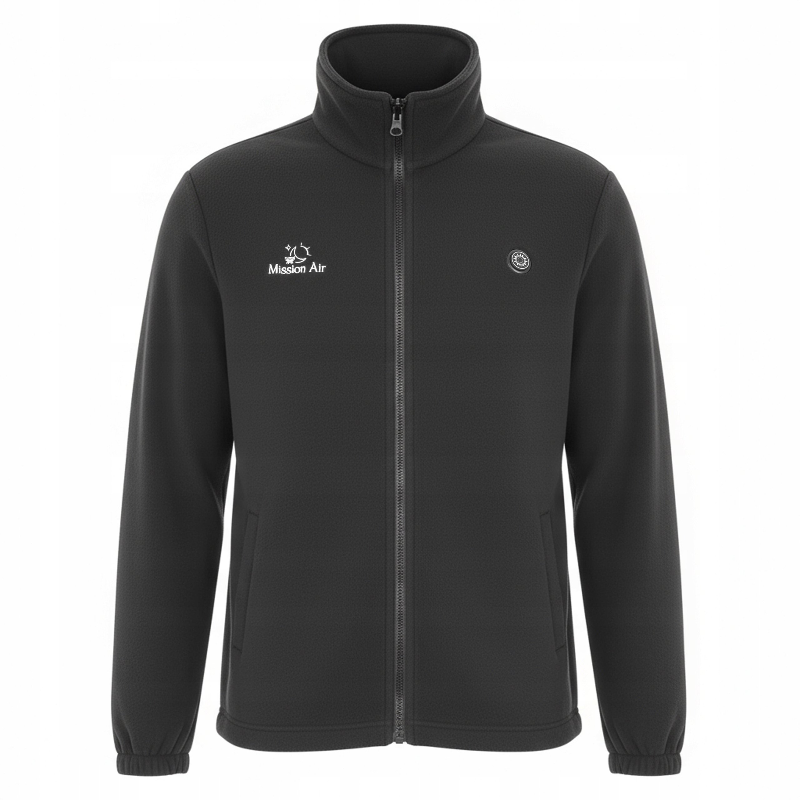 Czarna kurtka polarowa z wysokim kołnierzem i zamkiem błyskawicznym. Logo Mission Air na piersi.