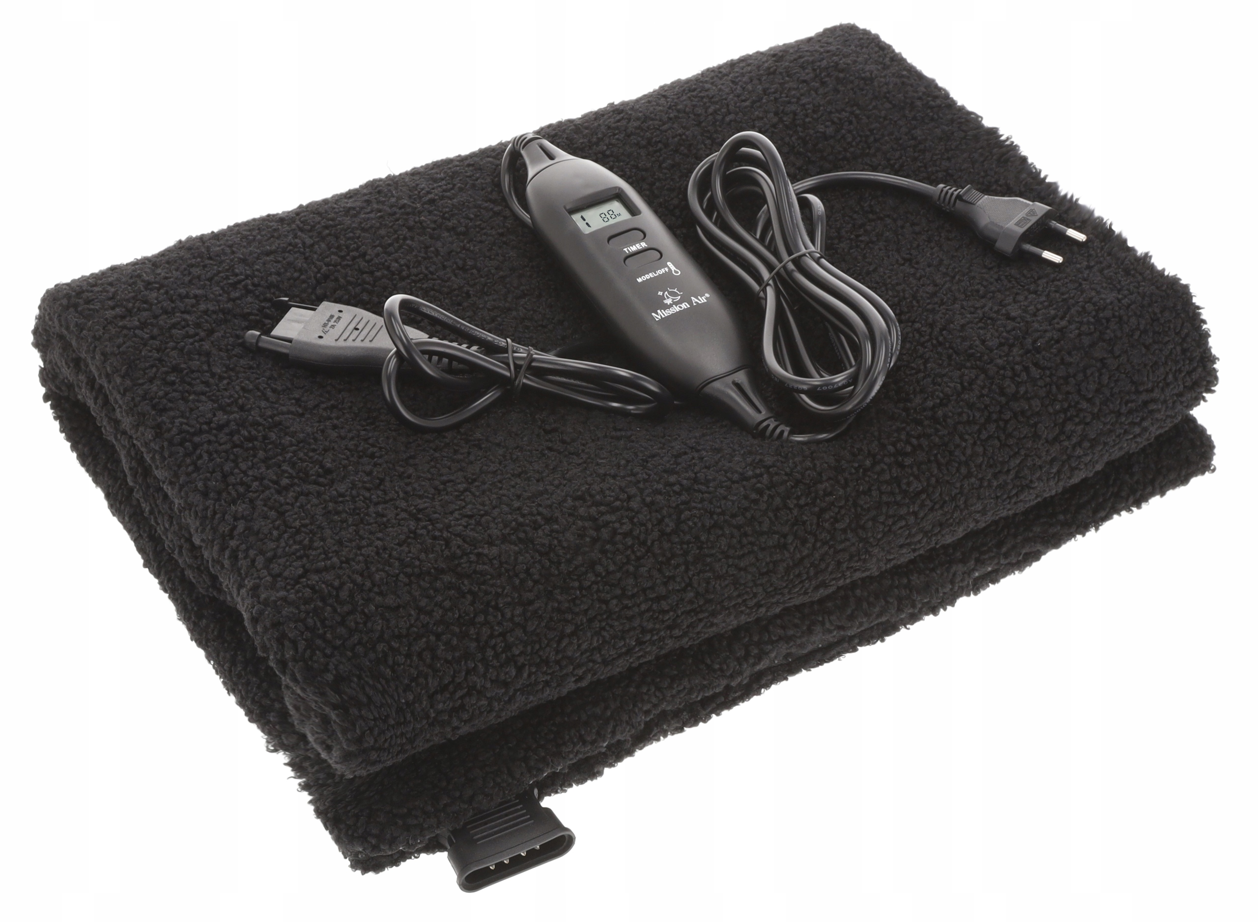 Czarny koc grzewczy z panelem sterowania i przewodem zasilającym. Panel wyświetla temperaturę. Koc jest złożony.