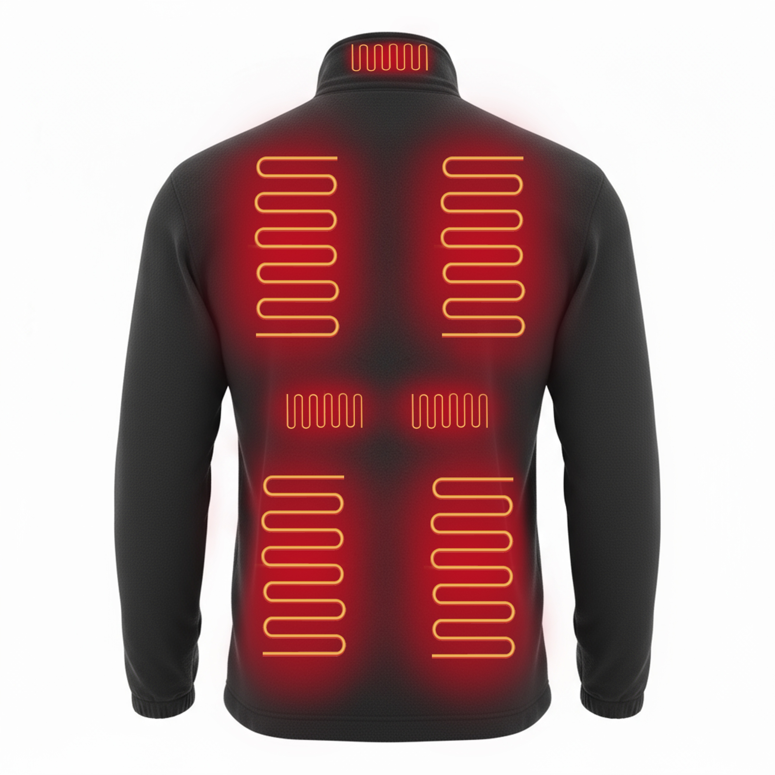 Czarna kurtka z podgrzewaniem, widok z tyłu. Widoczne czerwone i żółte elementy grzewcze.