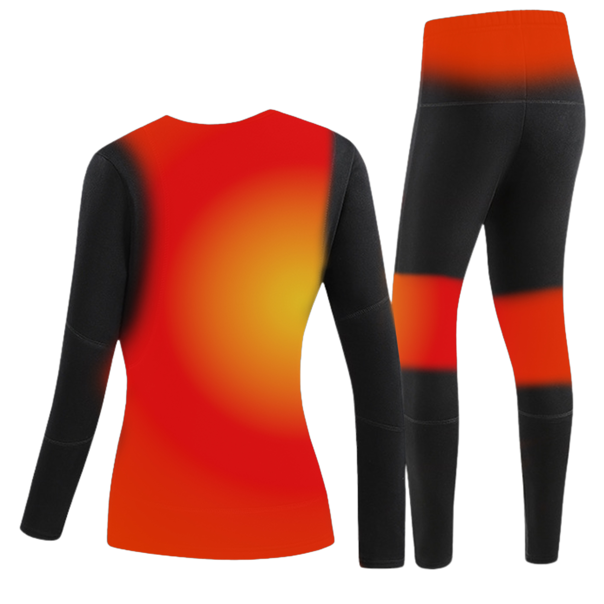 Dwuczęściowy zestaw termiczny. Góra i legginsy są czarne z pomarańczowymi i żółtymi gradientowymi akcentami.