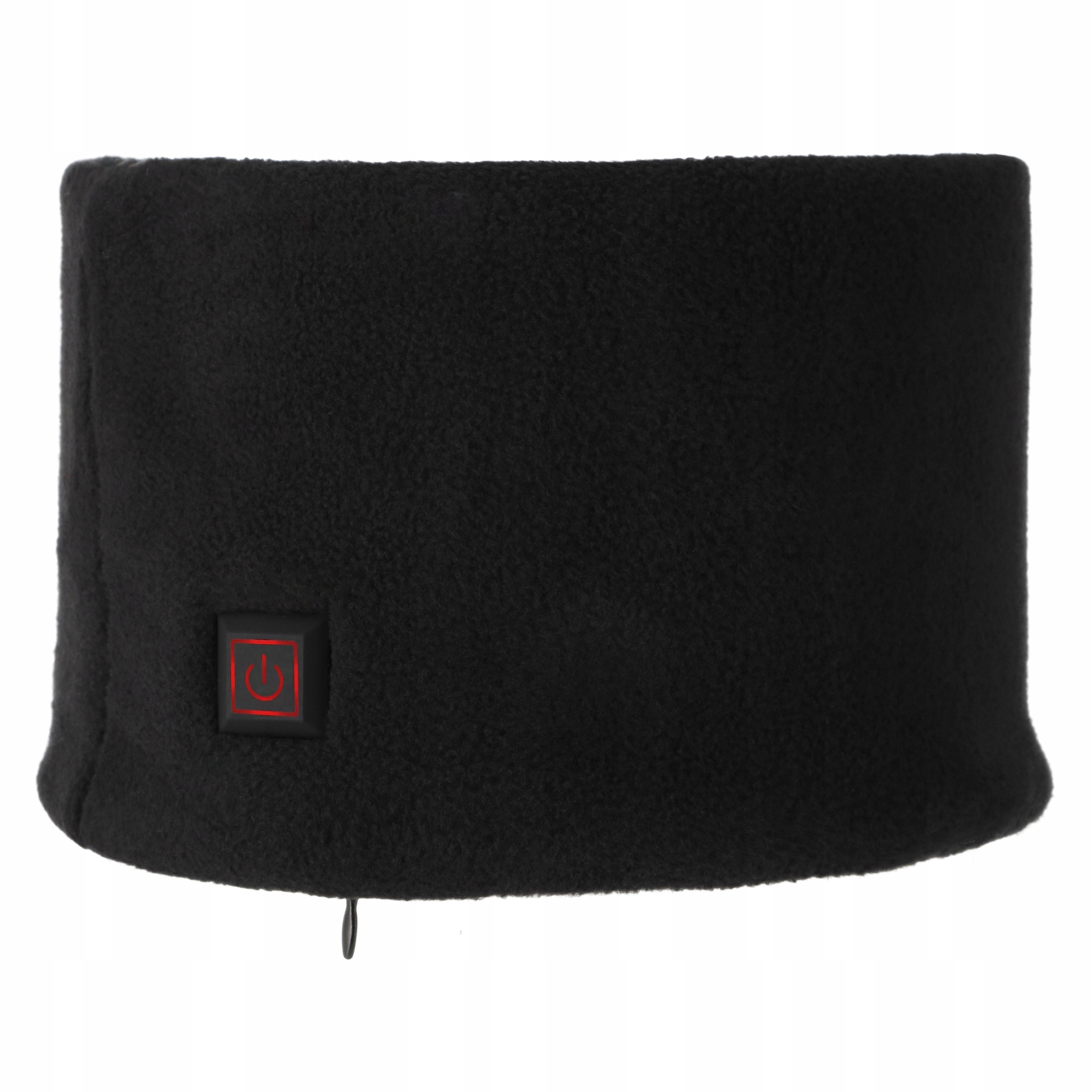 Czarny ocieplacz na szyję z przyciskiem zasilania. Tło jest białe.