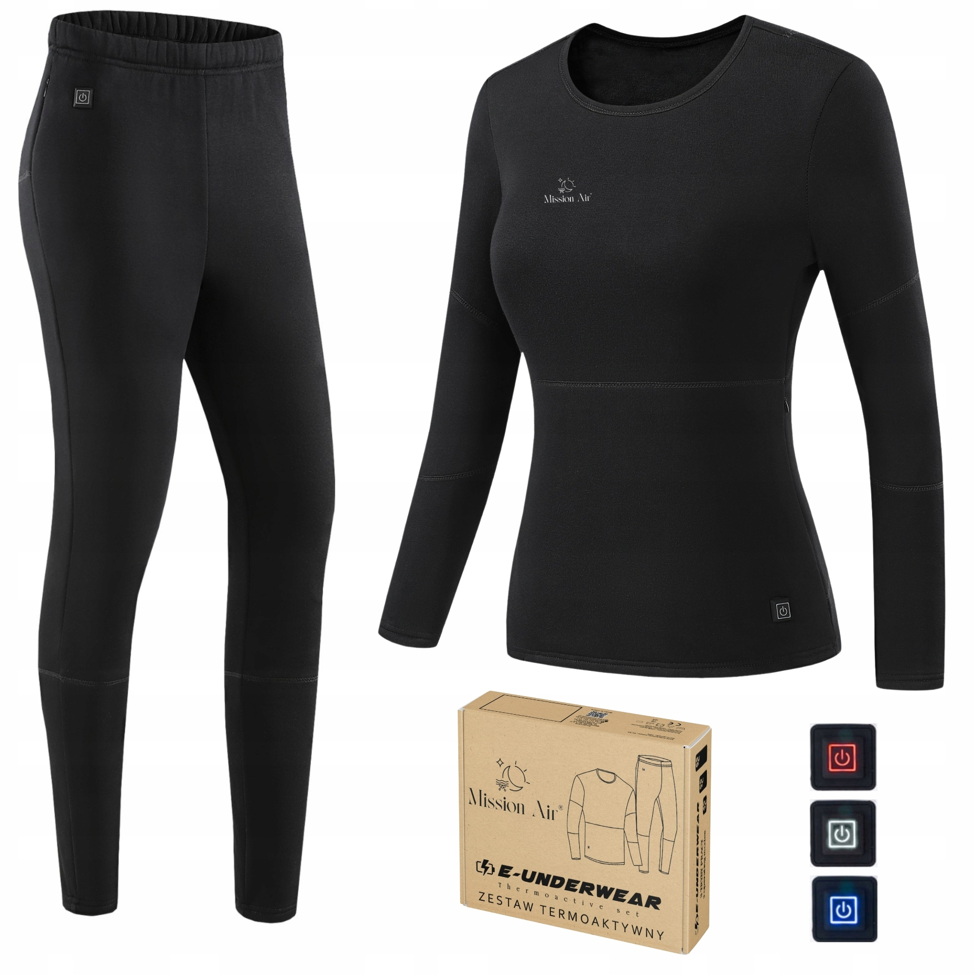 Czarny zestaw bielizny termicznej. Zawiera spodnie, koszulkę z długim rękawem i pudełko. Widoczne są trzy przyciski zasilania.