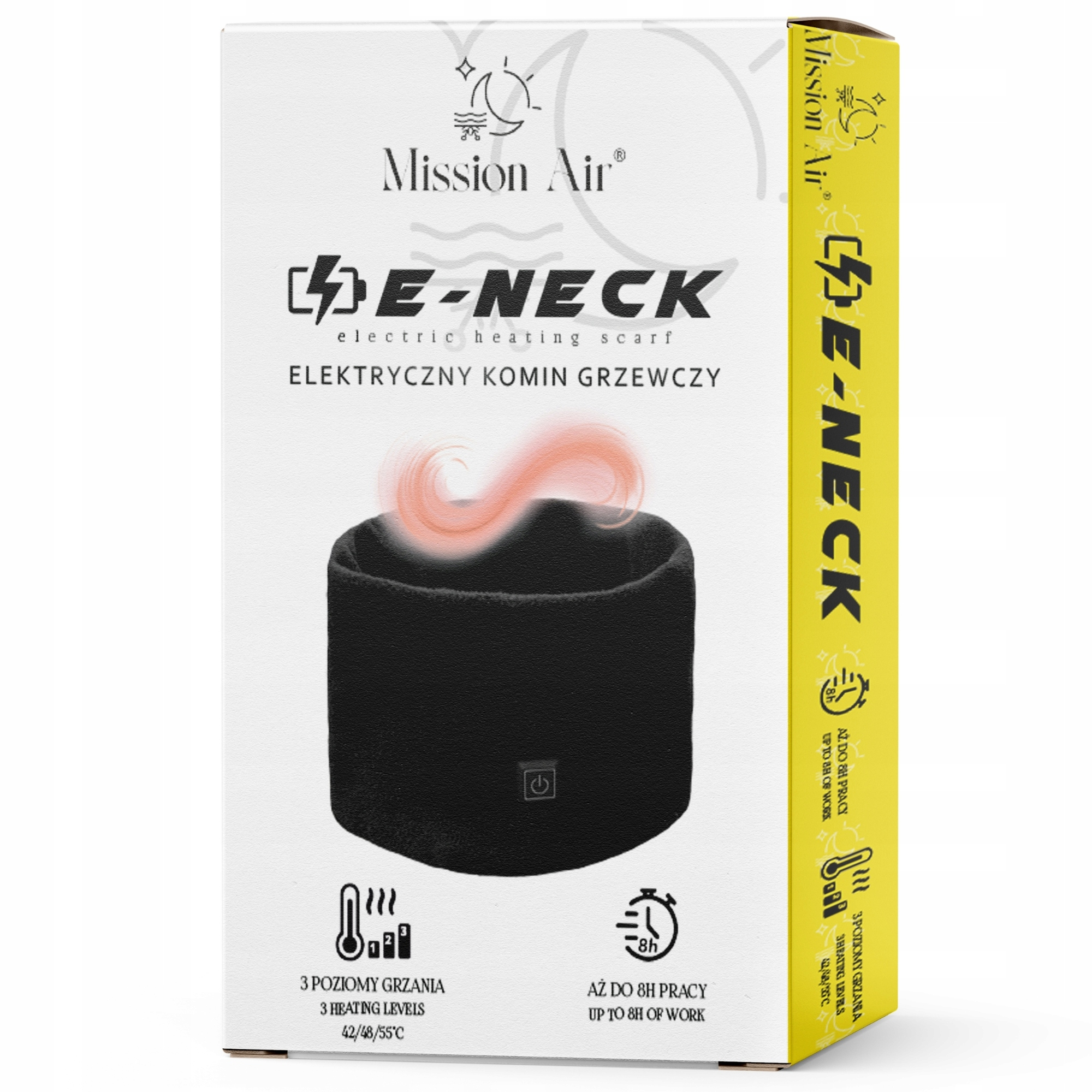 Pudełko z czarnym elektrycznym szalikiem grzewczym E-NECK. Ma 3 poziomy grzania i działa do 8 godzin.